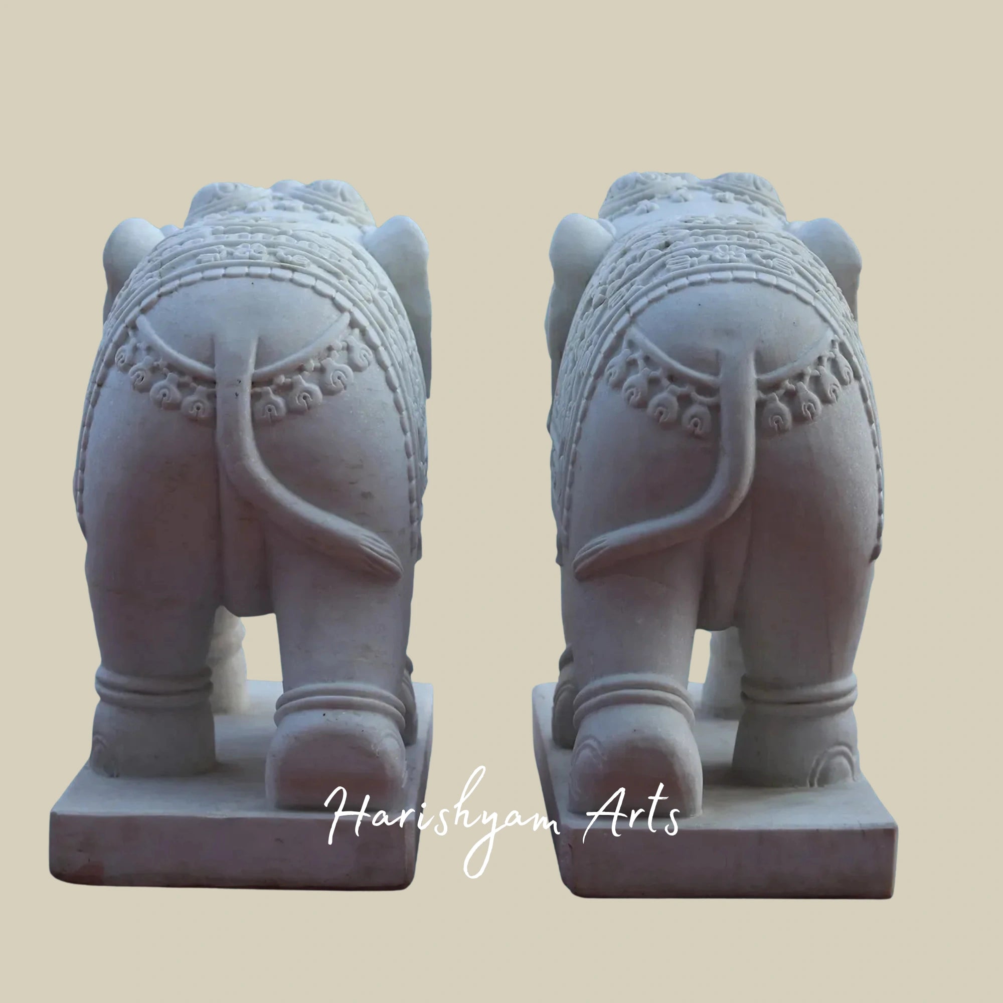 31" Elegant White Rajnagar Marble Elephant Pair Handmade Decorative Statues