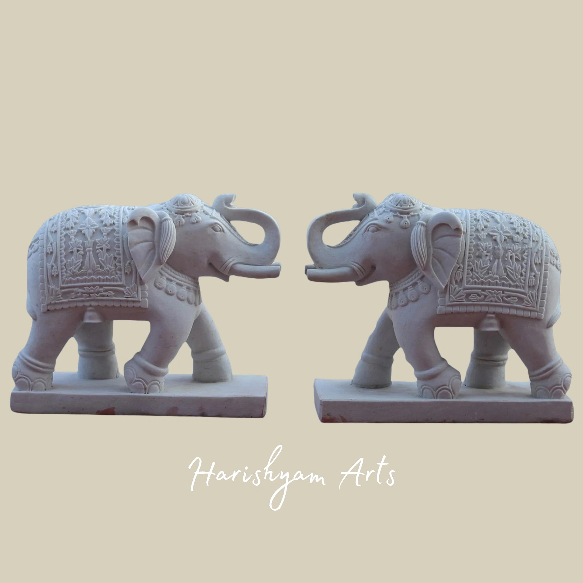 31" Elegant White Rajnagar Marble Elephant Pair Handmade Decorative Statues