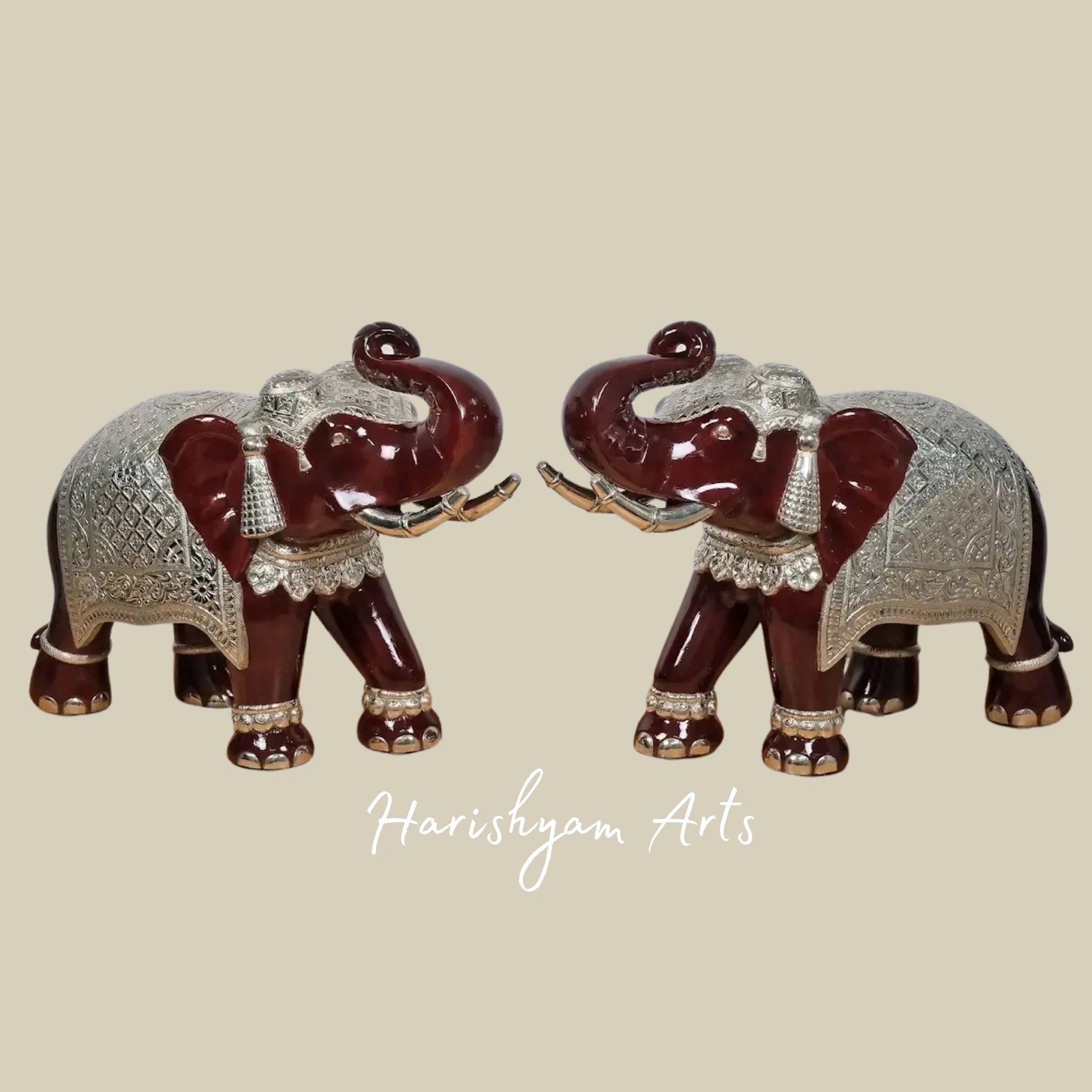 32" Majestic Pair of Carved Wooden Elephant Statues for Living Room Decor