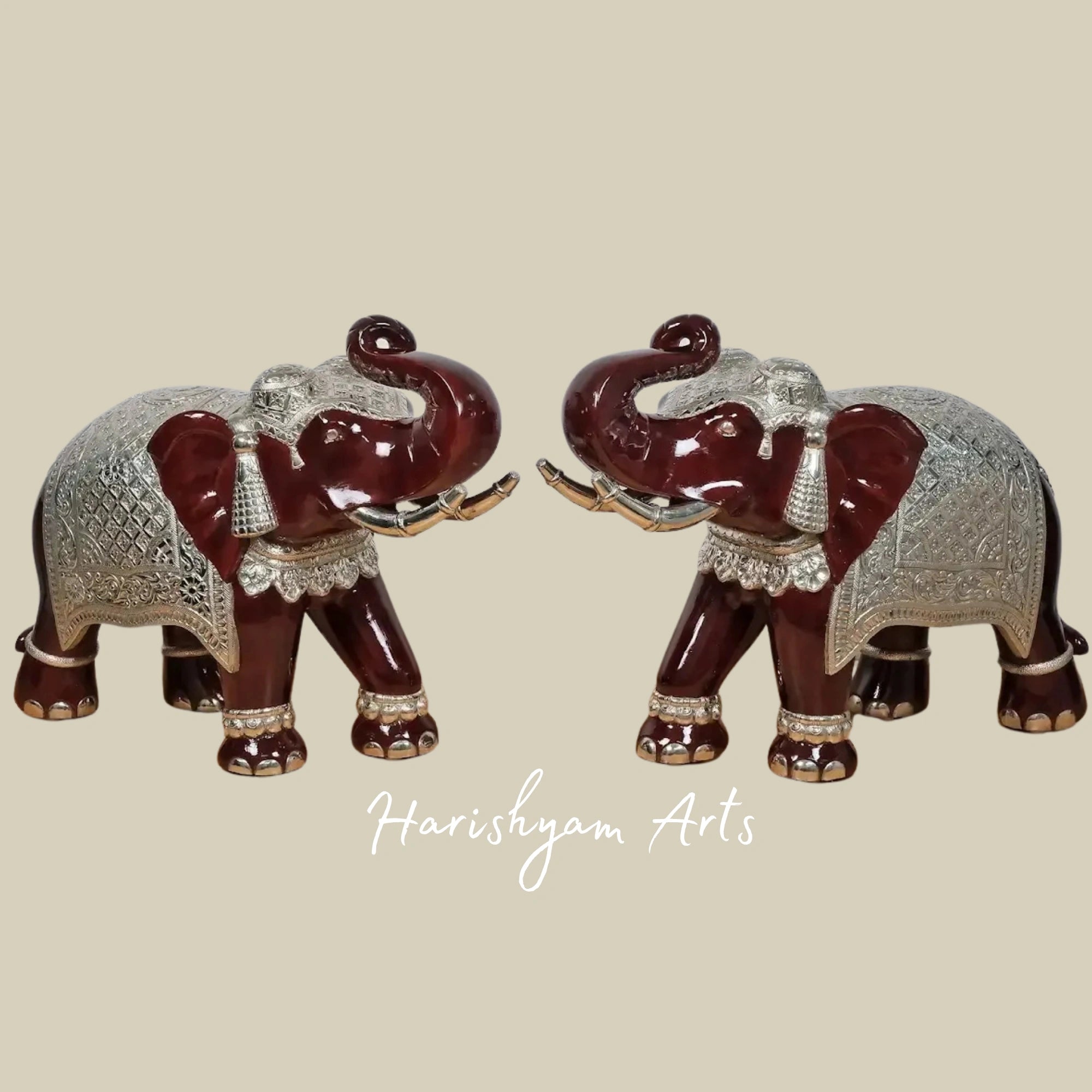 32" Majestic Pair of Carved Wooden Elephant Statues for Living Room Decor