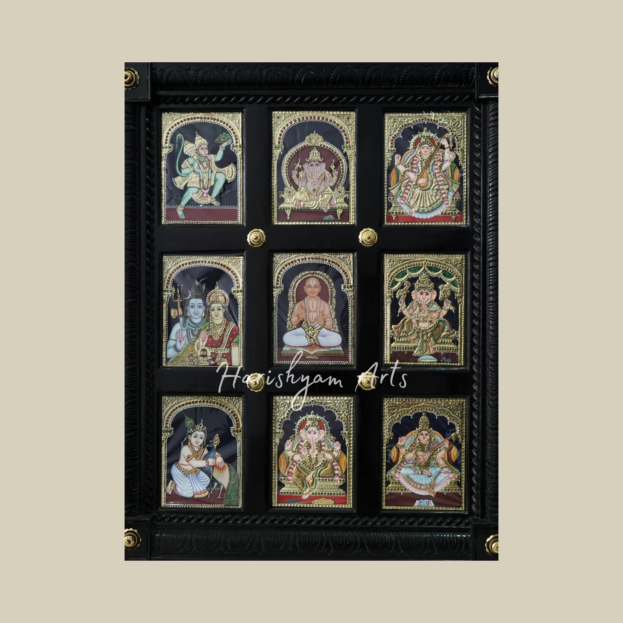 32" Tanjore Artwork Featuring Nine Deities in a Combined Decorative Frame