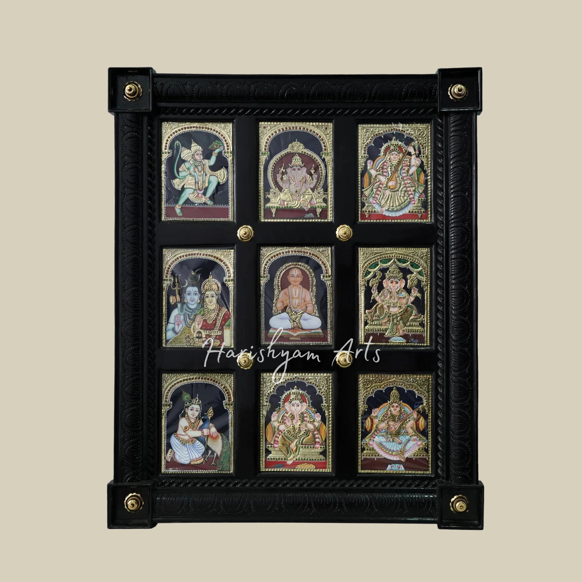 32" Tanjore Artwork Featuring Nine Deities in a Combined Decorative Frame1