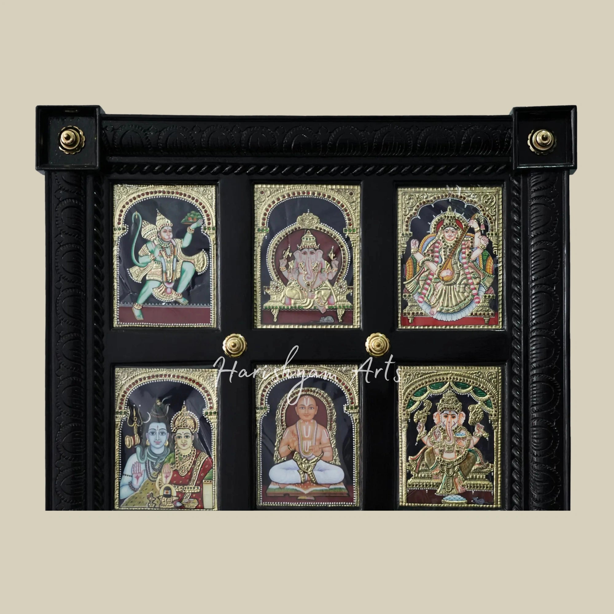 32" Tanjore Artwork Featuring Nine Deities in a Combined Decorative Frame2