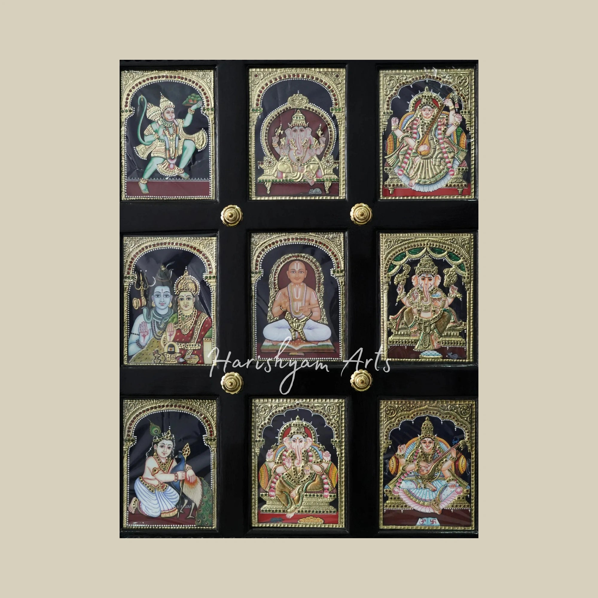 32" Tanjore Artwork Featuring Nine Deities in a Combined Decorative Frame3