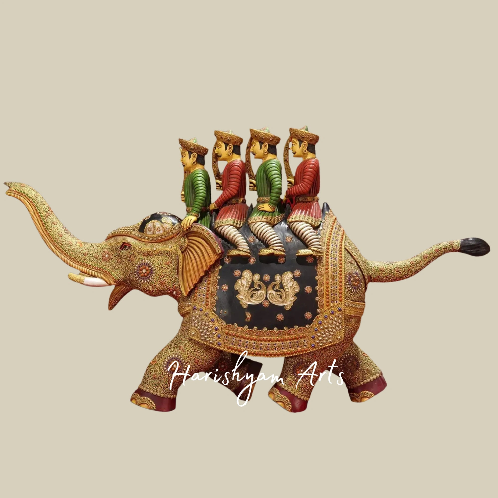 32" Traditional Polo Elephant Statue in Hand-Carved Wood Antique Finish Collectible