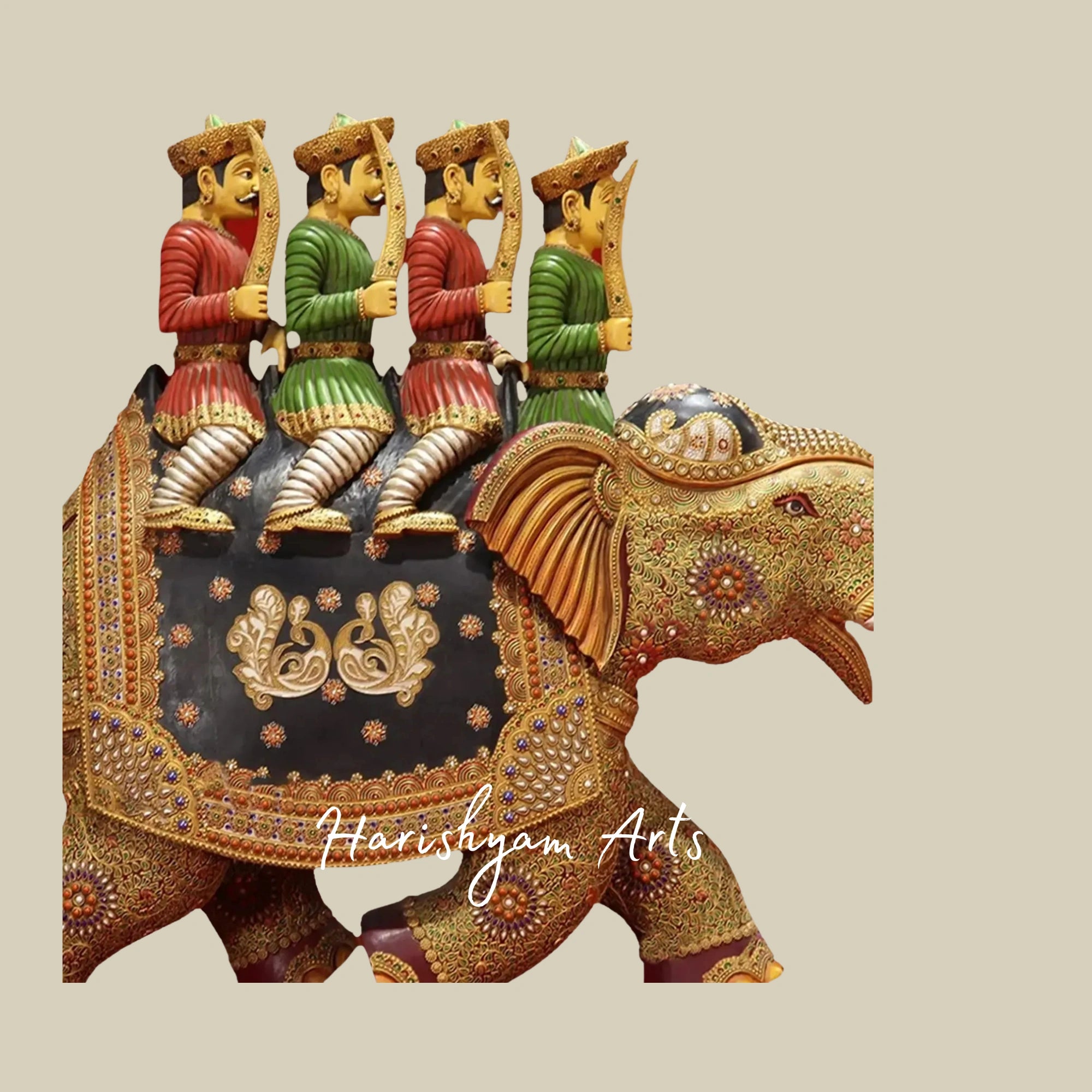 32" Traditional Polo Elephant Statue in Hand-Carved Wood Antique Finish Collectible