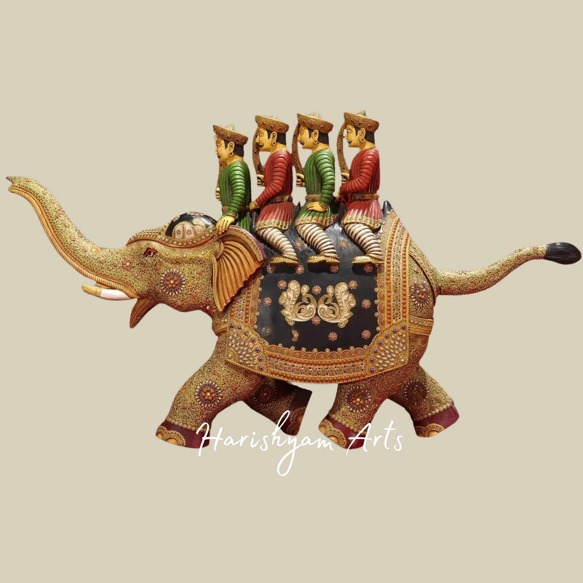 32" Traditional Polo Elephant Statue in Hand-Carved Wood Antique Finish Collectible