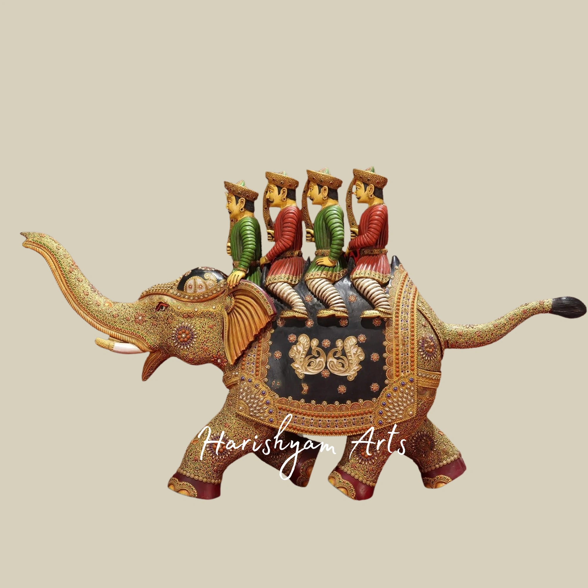 32" Traditional Polo Elephant Statue in Hand-Carved Wood Antique Finish Collectible