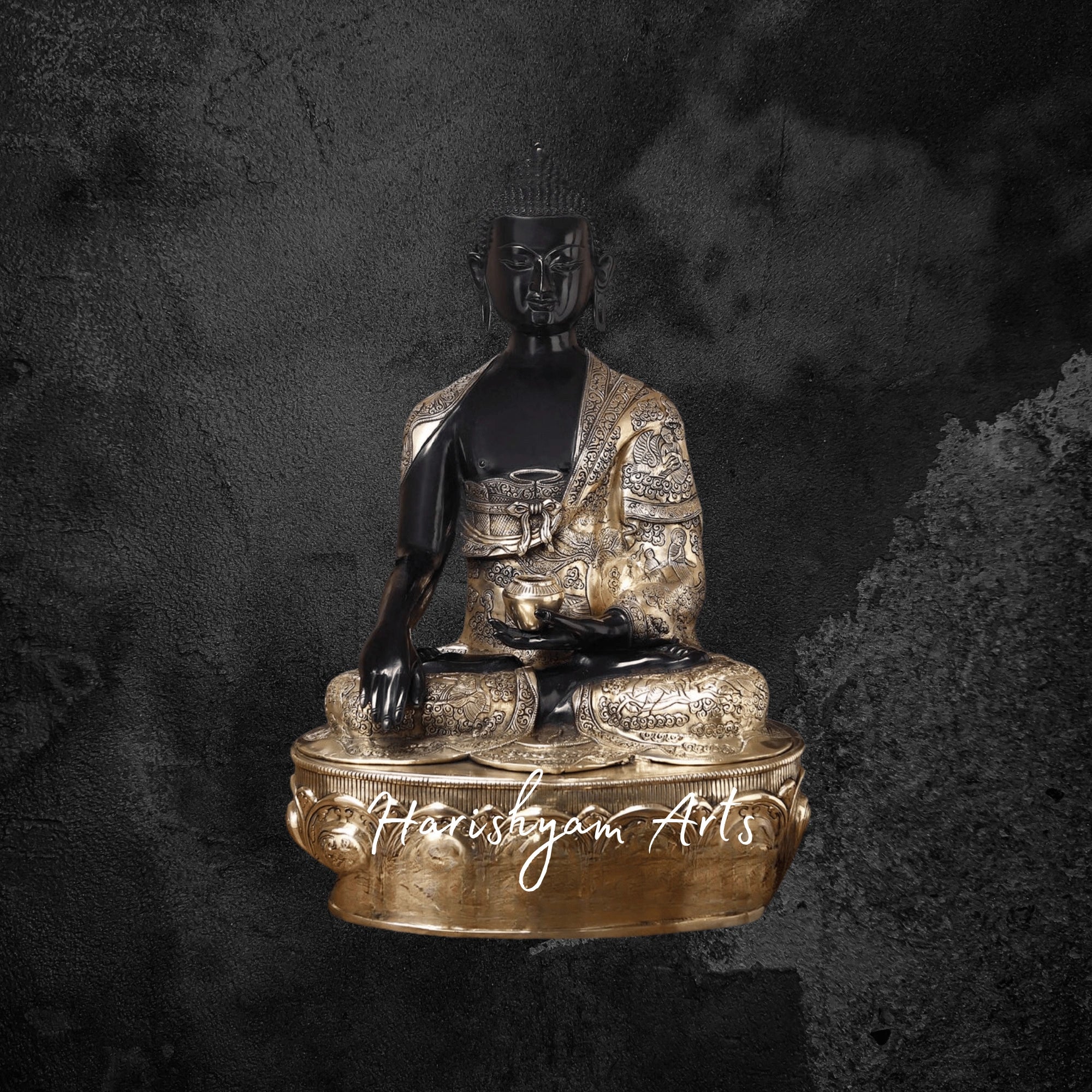 33" Brass Buddha Statue Online Seated on a Lotus with Black and Golden Patina