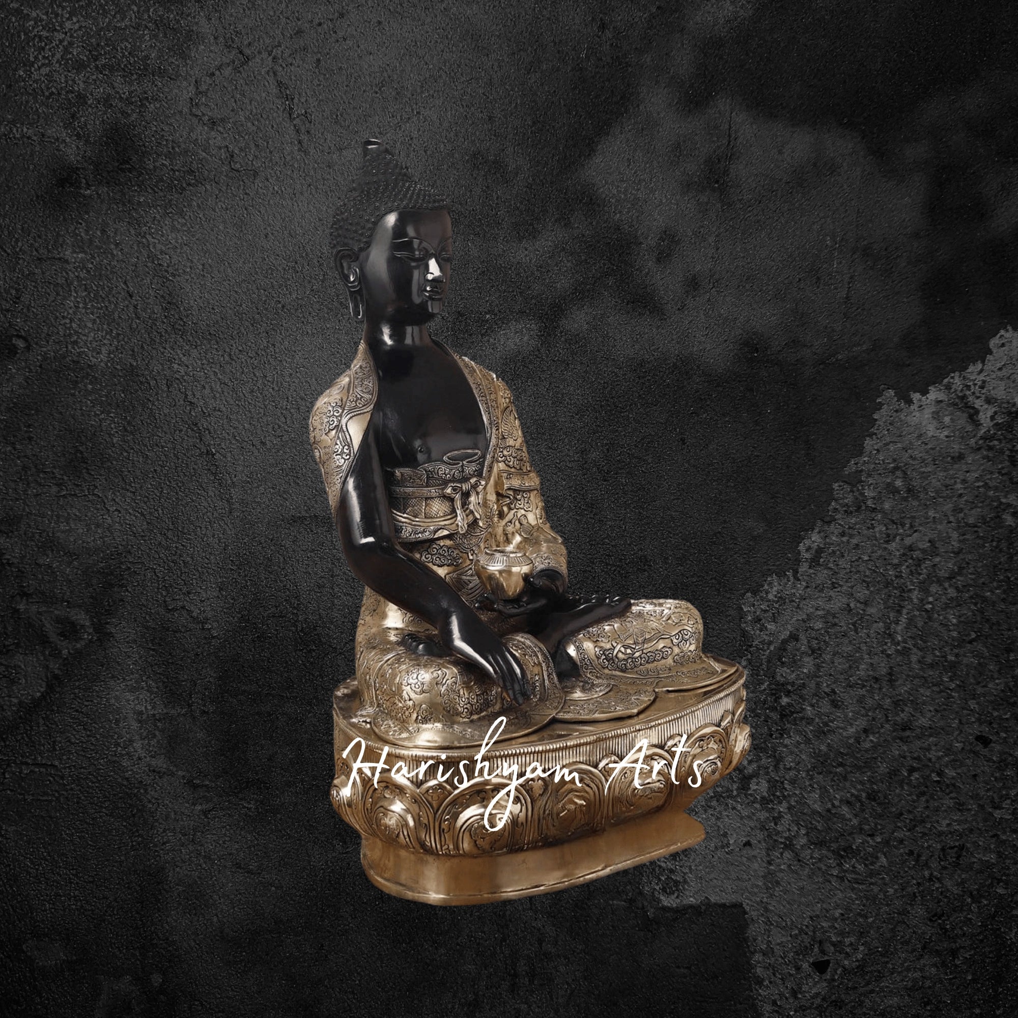 33" Brass Buddha Statue Online Seated on a Lotus with Black and Golden Patina