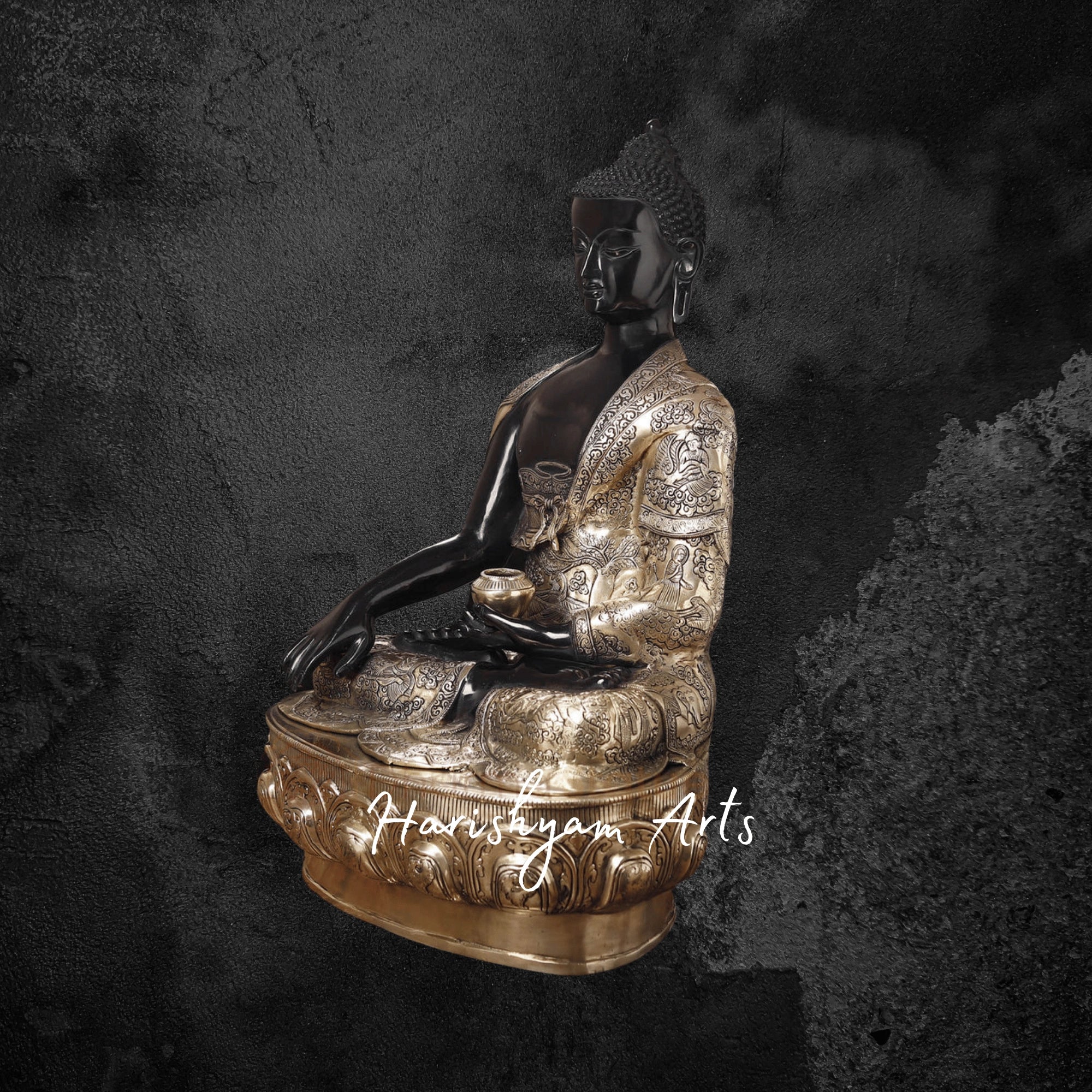 33" Brass Buddha Statue Online Seated on a Lotus with Black and Golden Patina