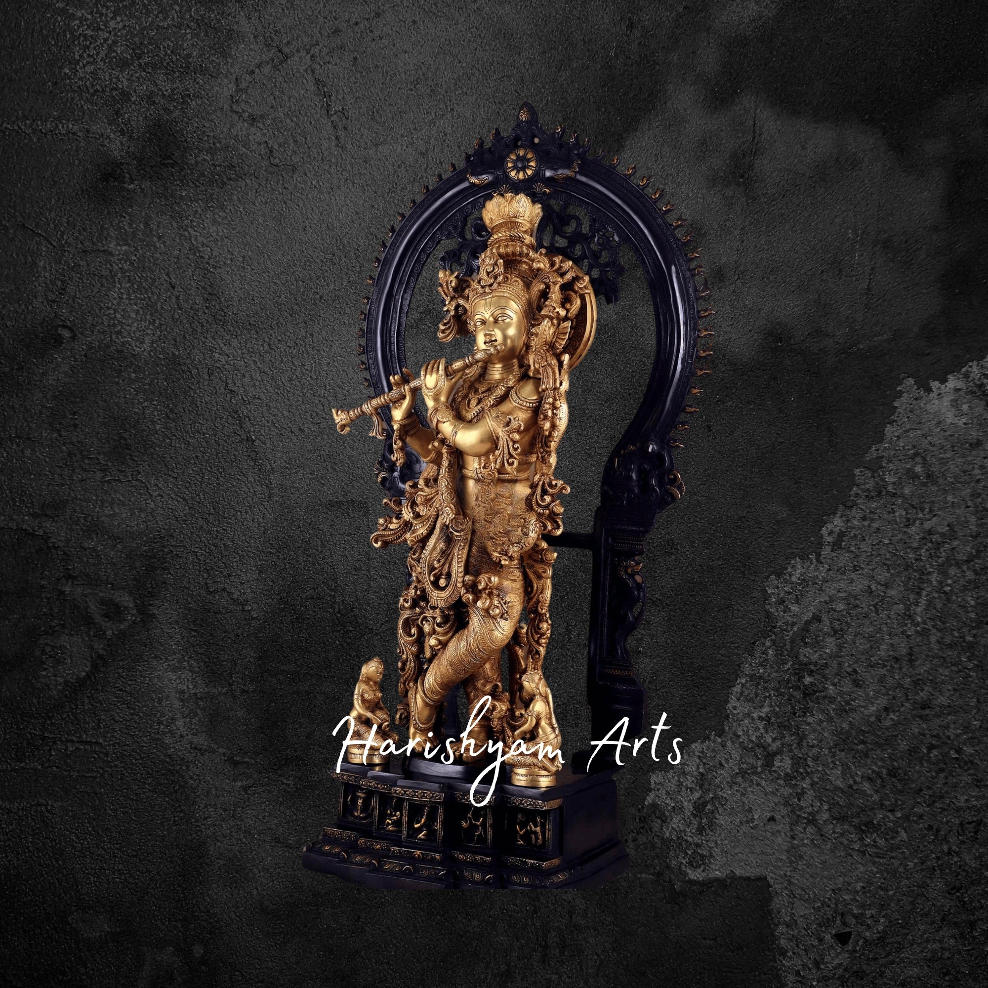 33" Dual Tone Krishna Brass Idol with Embossed Prabhavali Backdrop