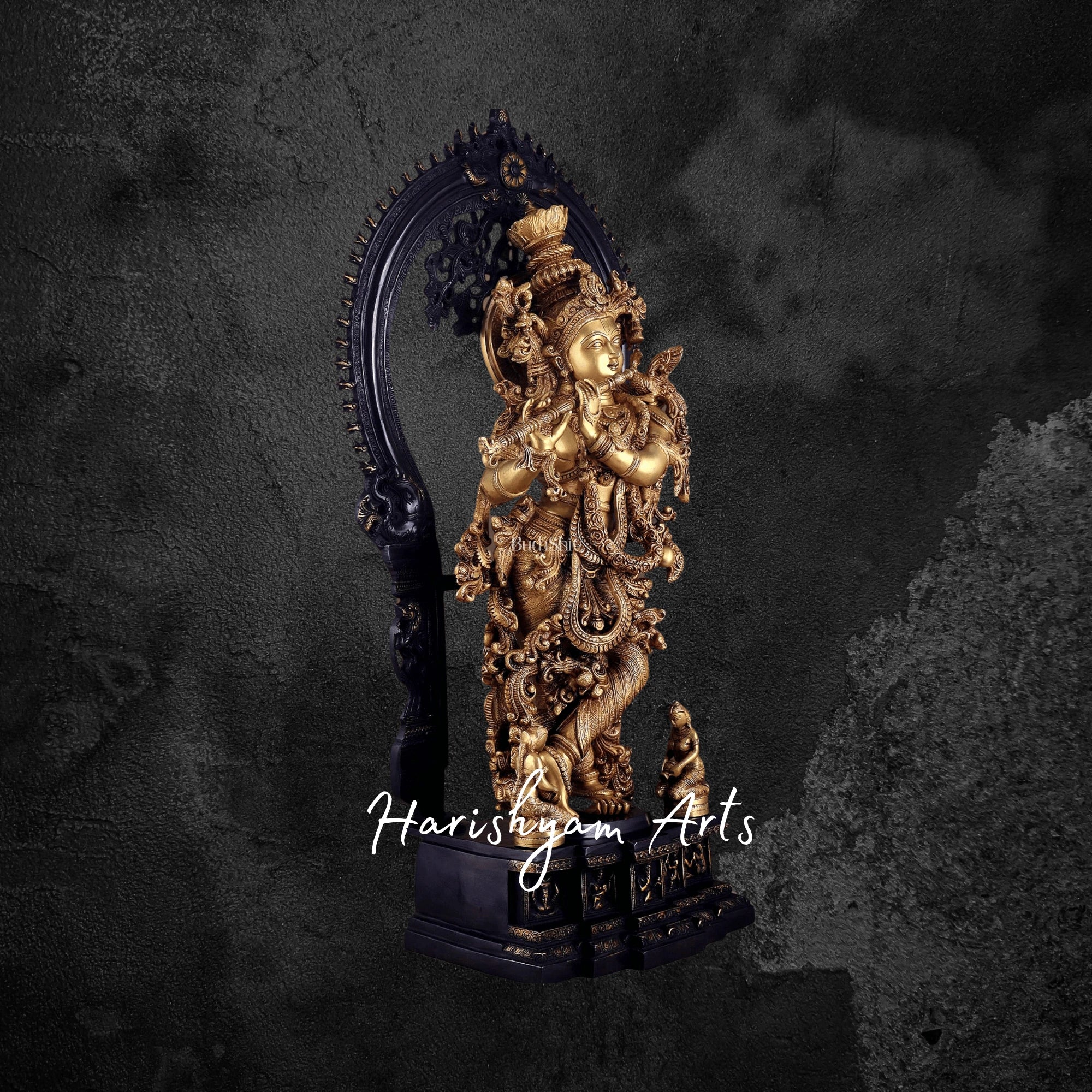 33" Dual Tone Krishna Brass Idol with Embossed Prabhavali Backdrop
