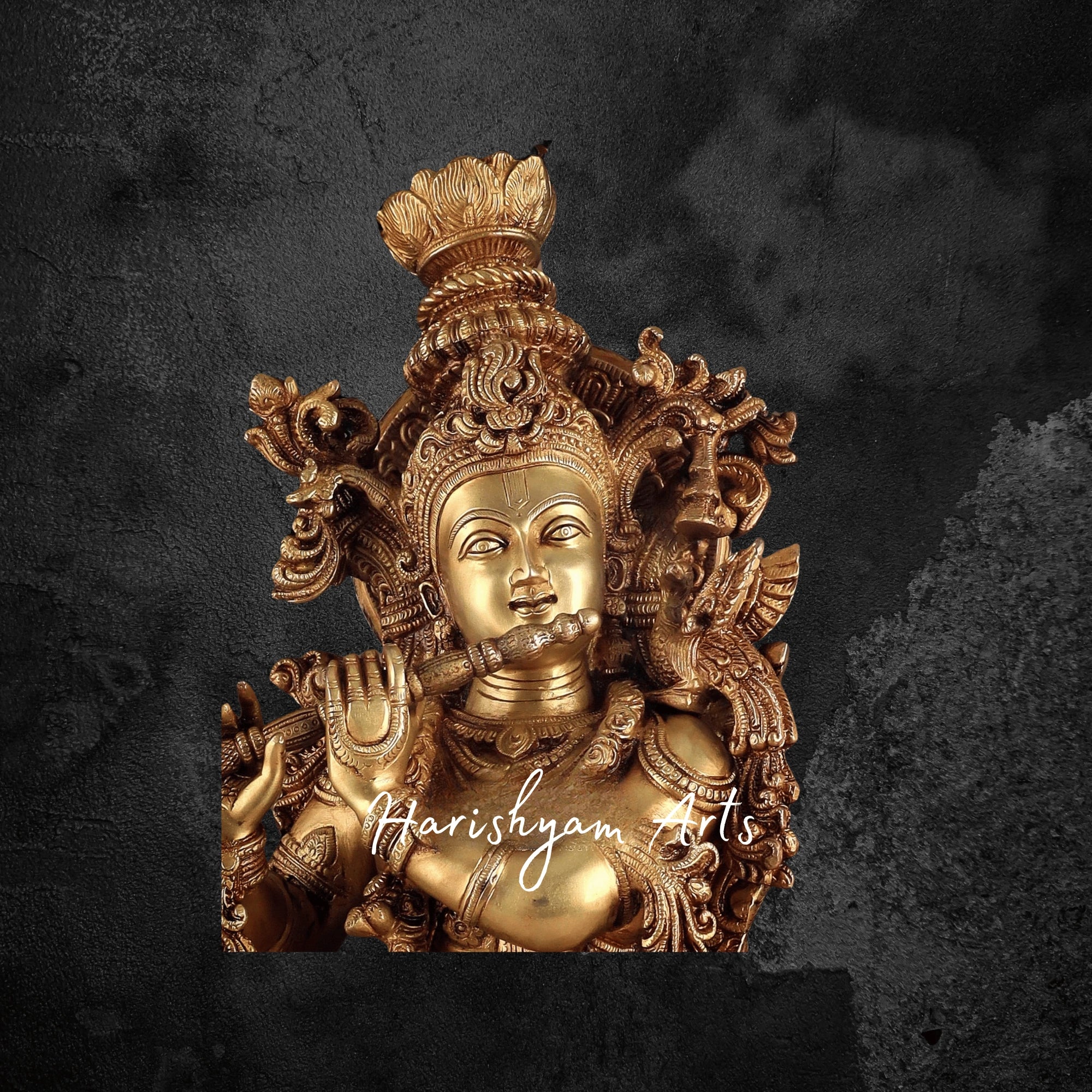 33" Dual Tone Krishna Brass Idol with Embossed Prabhavali Backdrop
