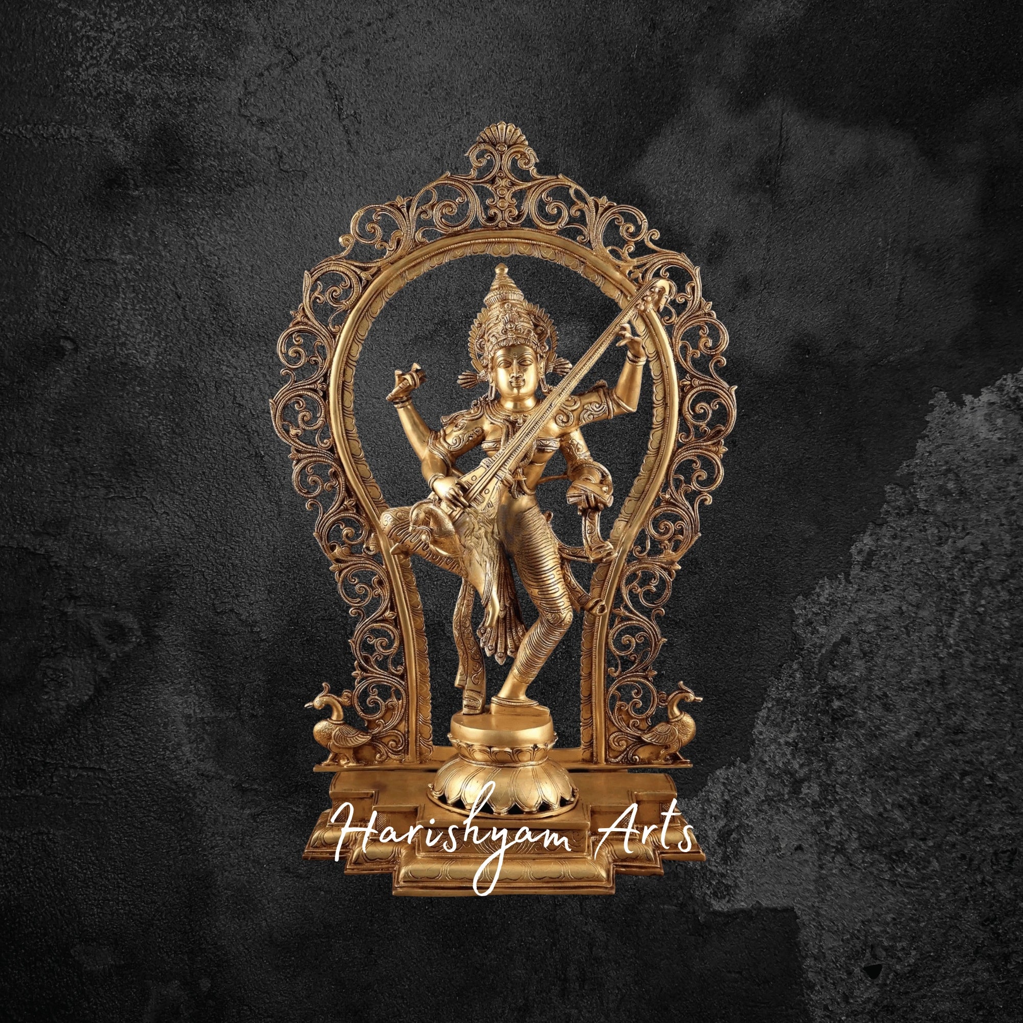 33" Large Dancing Saraswati Idol in Brass with Prabhavali Backdrop Handcrafted Masterpiece
