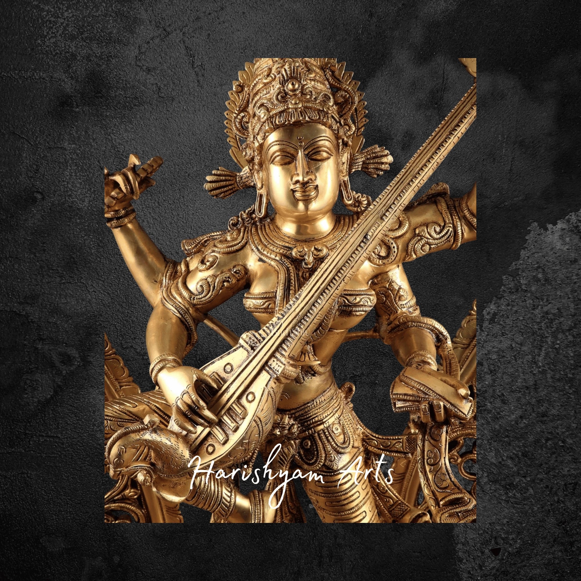33" Large Dancing Saraswati Idol in Brass with Prabhavali Backdrop Handcrafted Masterpiece