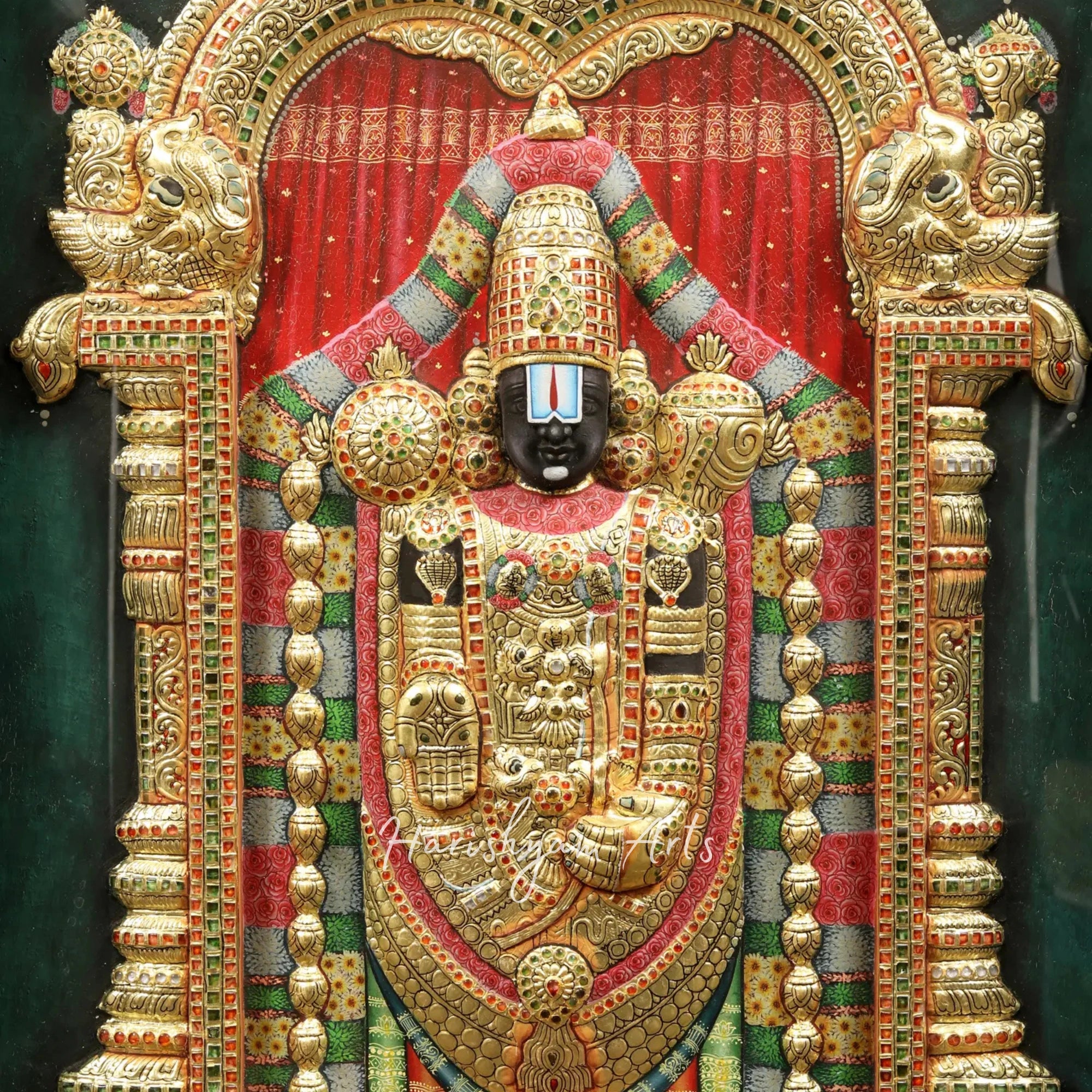 34" Tirupati Balaji Venkateshvara Tanjore Painting with a Classic Vintage Teakwood Frame