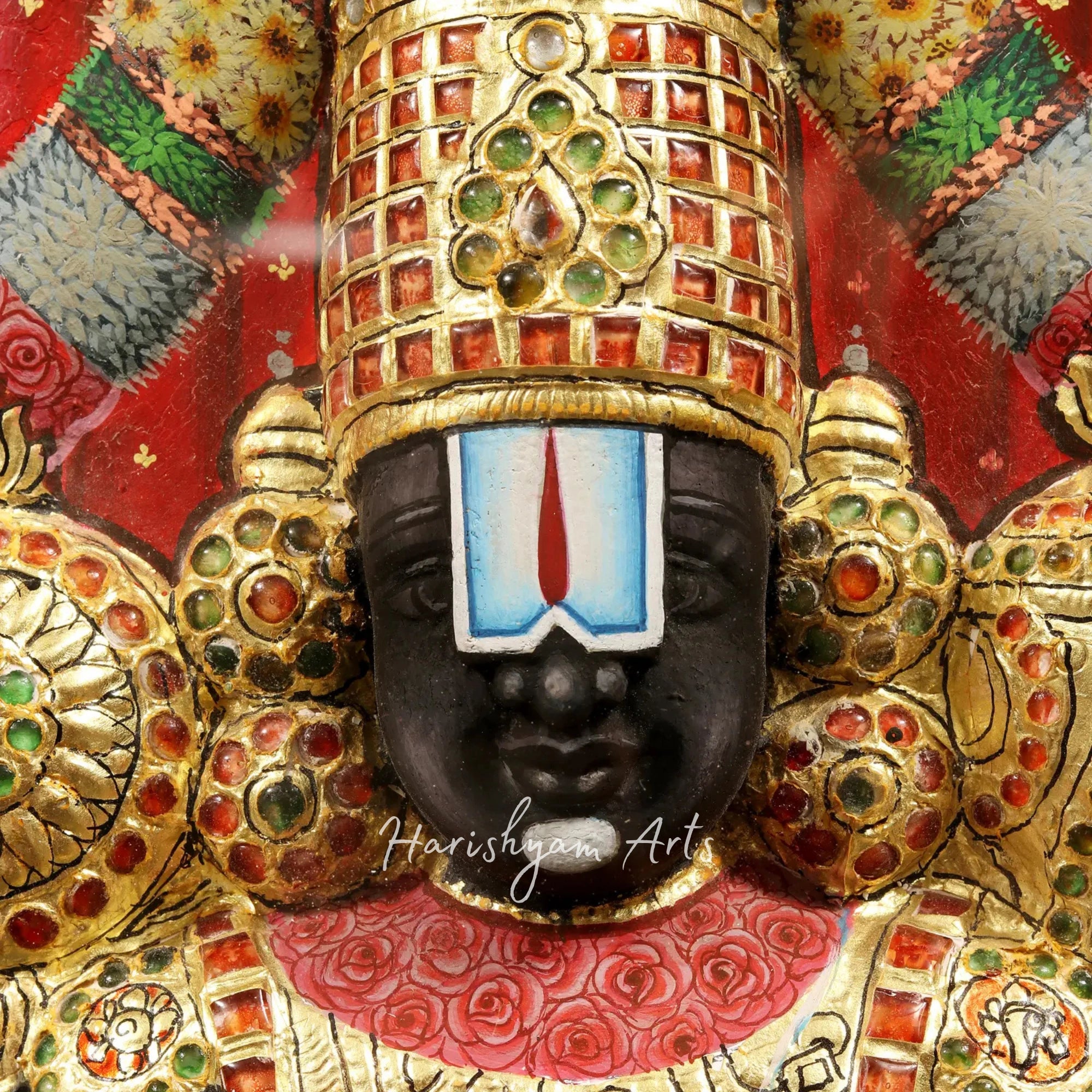 34" Tirupati Balaji Venkateshvara Tanjore Painting with a Classic Vintage Teakwood Frame
