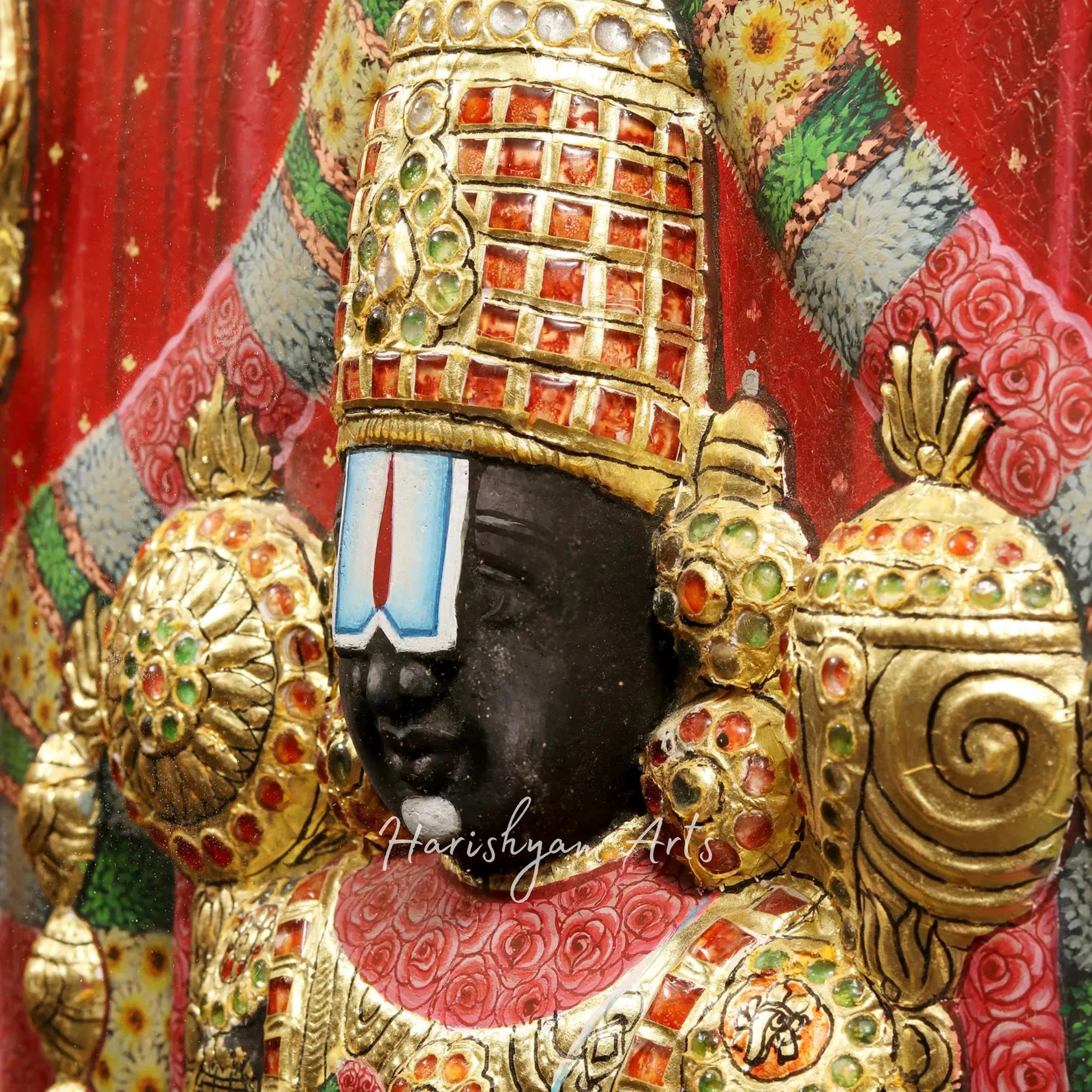 34" Tirupati Balaji Venkateshvara Tanjore Painting with a Classic Vintage Teakwood Frame