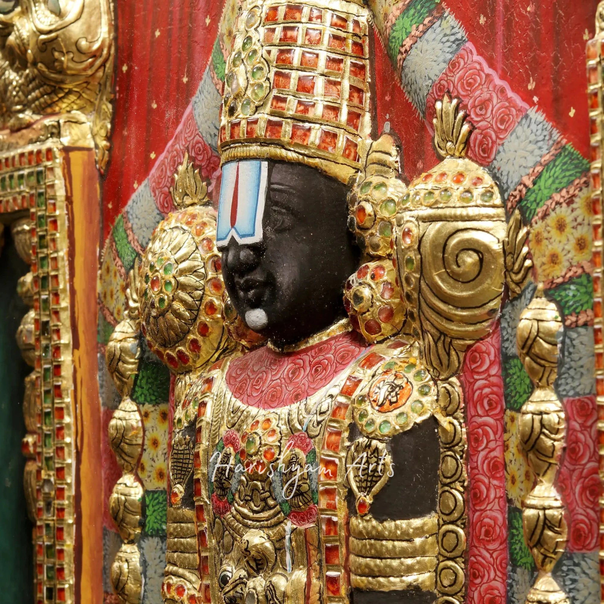 34" Tirupati Balaji Venkateshvara Tanjore Painting with a Classic Vintage Teakwood Frame