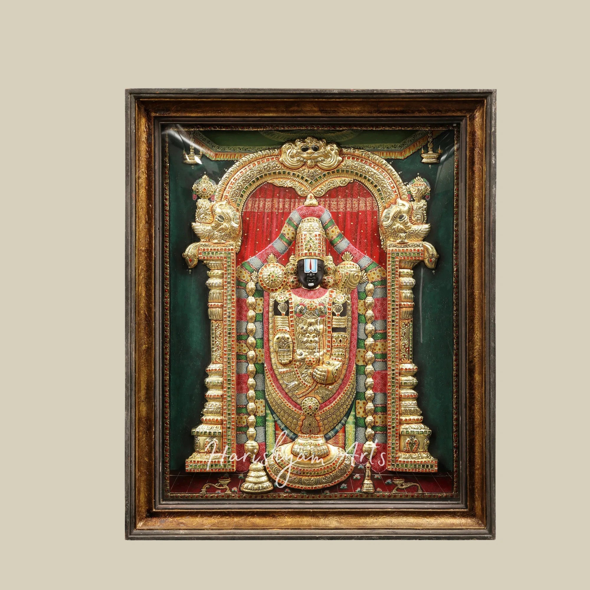 34" Tirupati Balaji Venkateshvara Tanjore Painting with a Classic Vintage Teakwood Frame