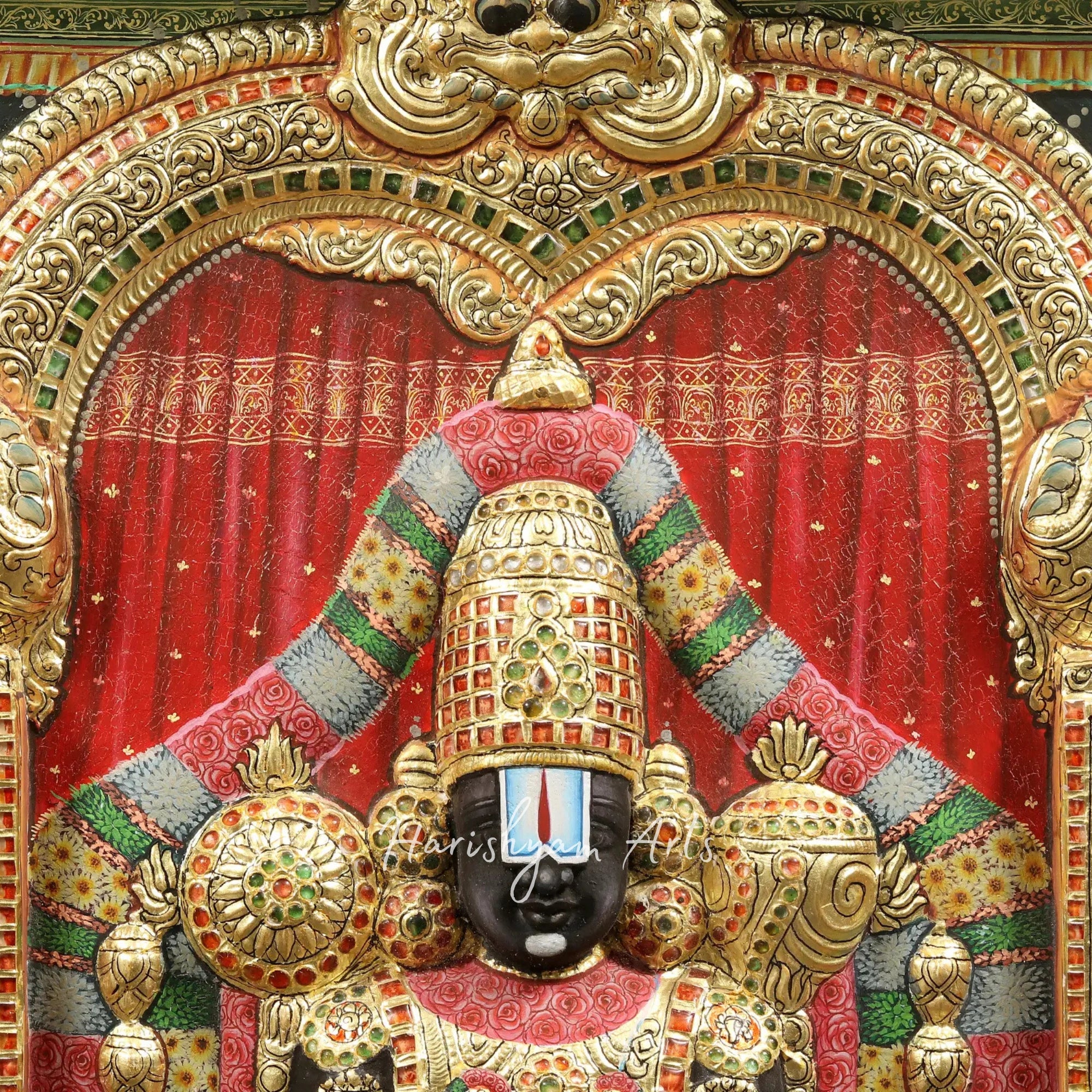 34" Tirupati Balaji Venkateshvara Tanjore Painting with a Classic Vintage Teakwood Frame