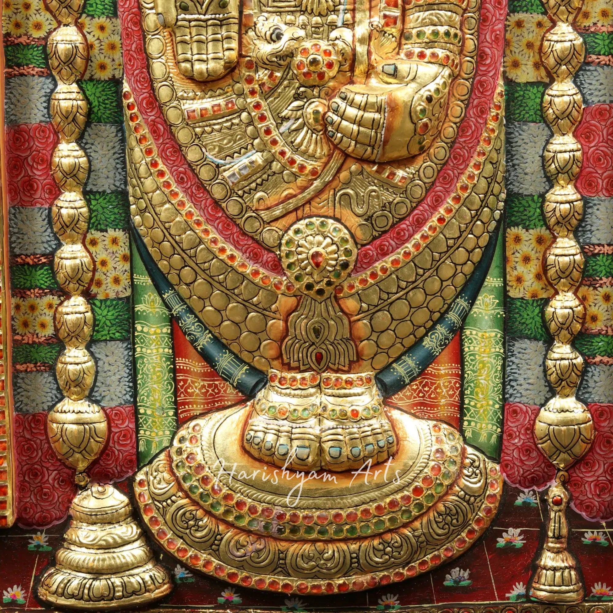 34" Tirupati Balaji Venkateshvara Tanjore Painting with a Classic Vintage Teakwood Frame