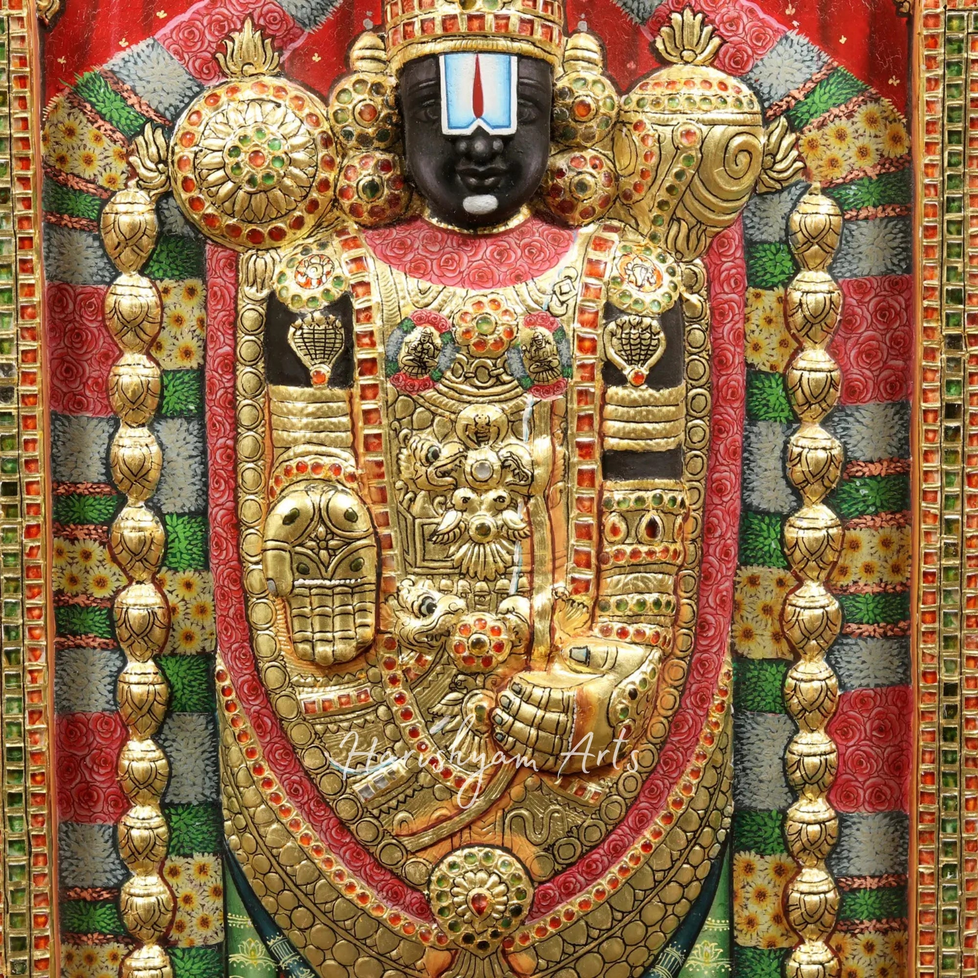 34" Tirupati Balaji Venkateshvara Tanjore Painting with a Classic Vintage Teakwood Frame
