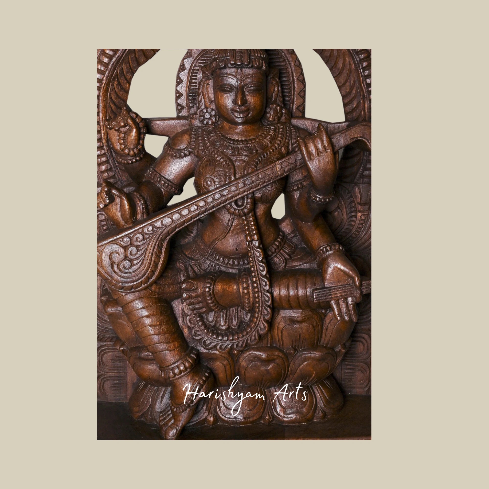 35.5 Hand Carved Saraswati Sculpture Seated on Double Petal Kamalam with Prabahavali1