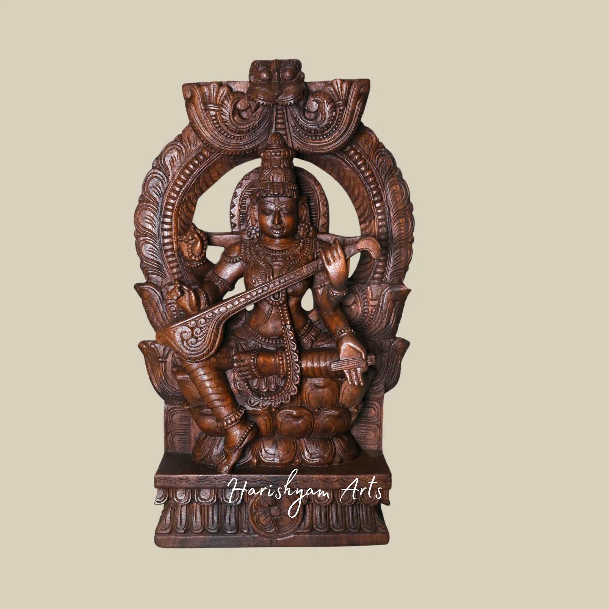 35.5 Hand Carved Saraswati Sculpture Seated on Double Petal Kamalam with Prabahavali2
