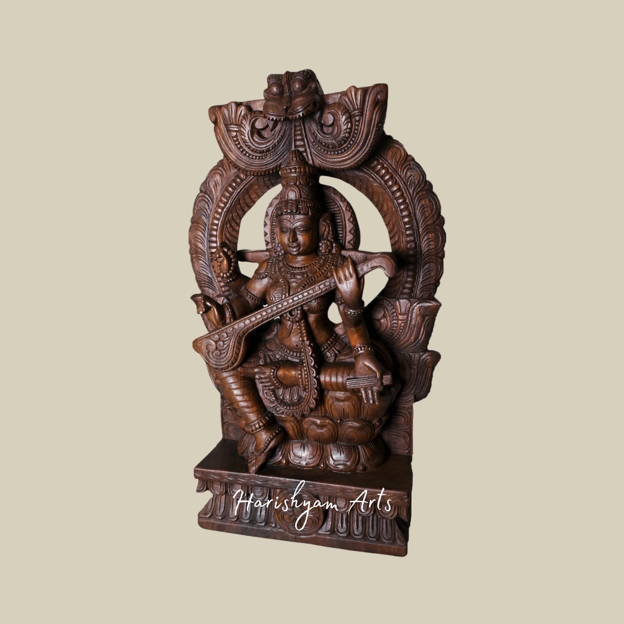 35.5 Hand Carved Saraswati Sculpture Seated on Double Petal Kamalam with Prabahavali3