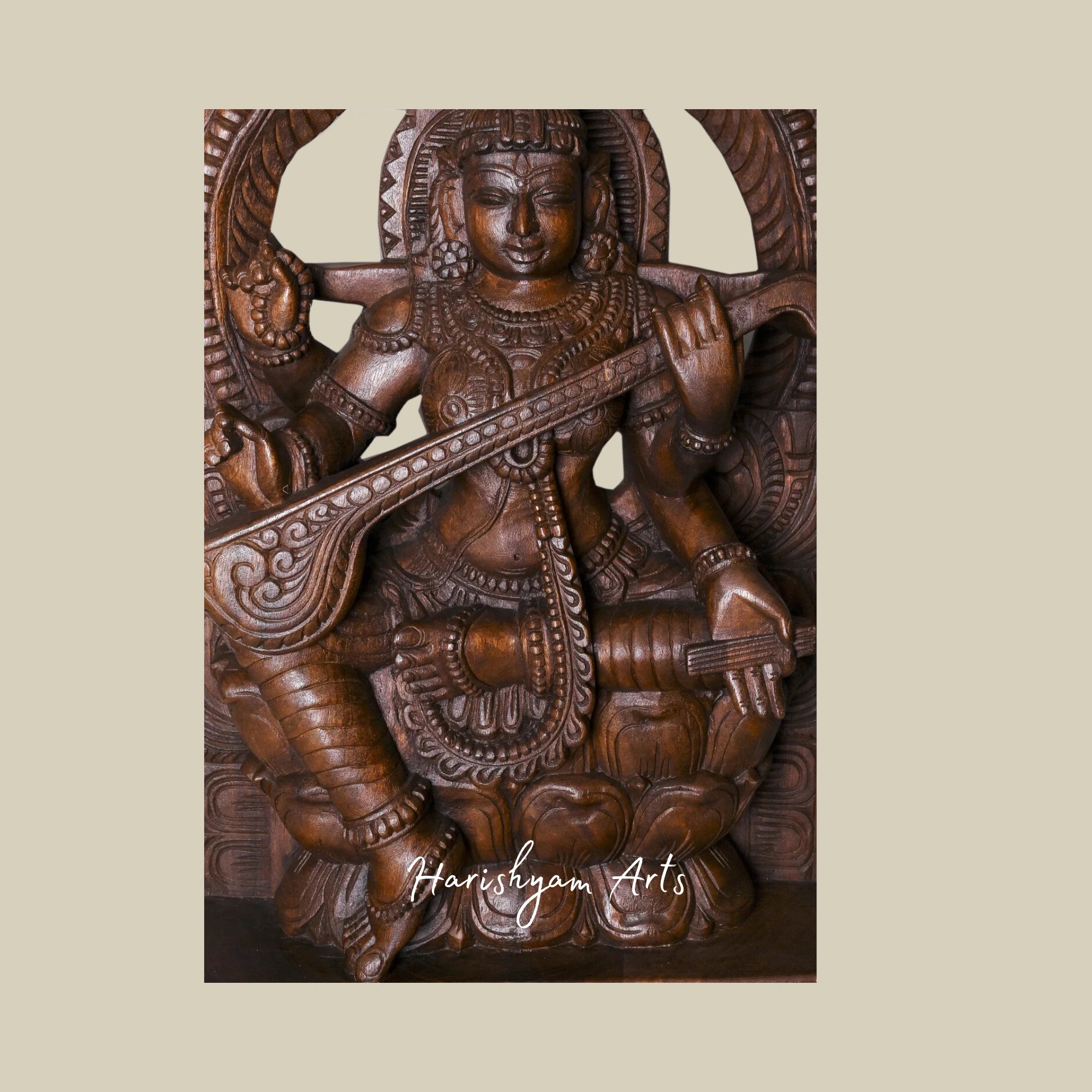 35.5 Hand Carved Saraswati Sculpture Seated on Double Petal Kamalam with Prabahavali4
