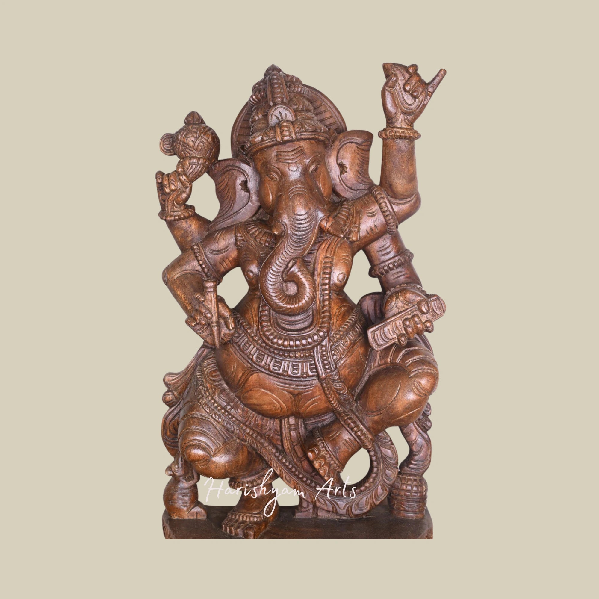 35" Dancing Wooden Ganesha Statue Holding Sacred Books, Writing Tool, and Modak – Exquisitely Detailed Sculpture1