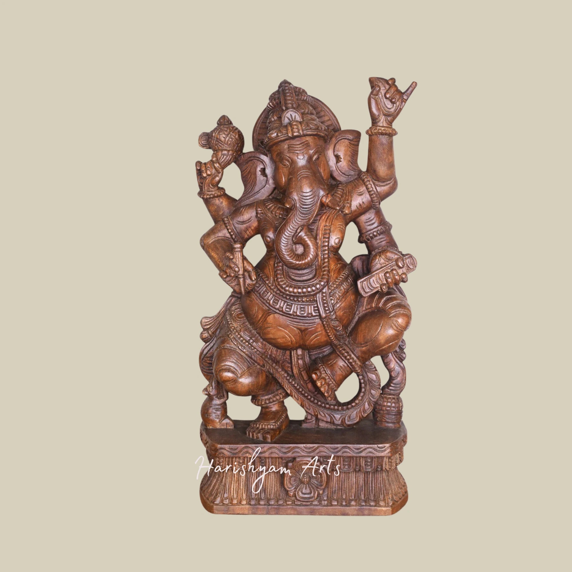 35" Dancing Wooden Ganesha Statue Holding Sacred Books, Writing Tool, and Modak – Exquisitely Detailed Sculpture1