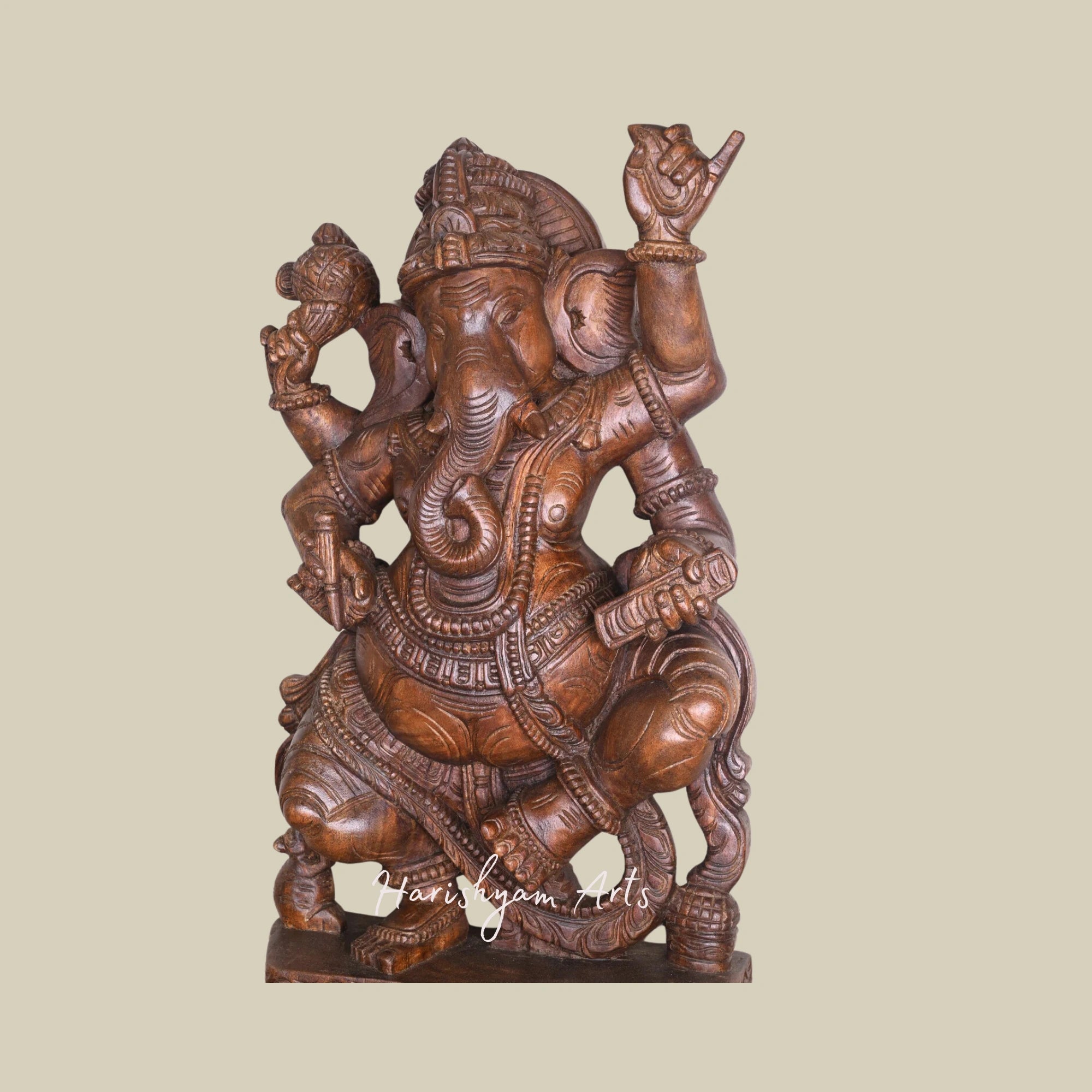 35" Dancing Wooden Ganesha Statue Holding Sacred Books, Writing Tool, and Modak – Exquisitely Detailed Sculpture2