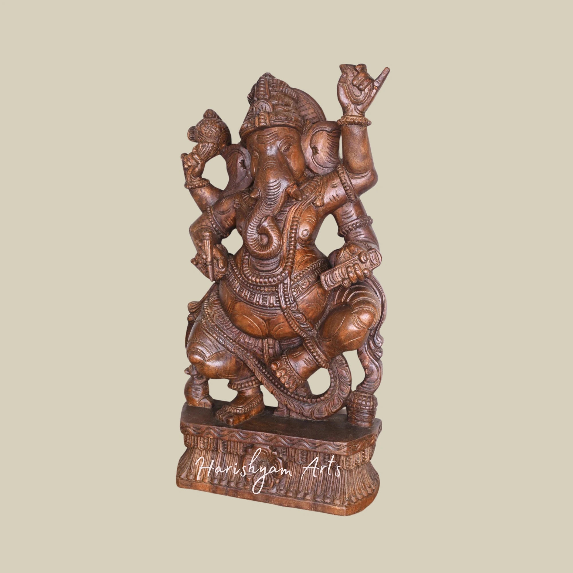 35" Dancing Wooden Ganesha Statue Holding Sacred Books, Writing Tool, and Modak – Exquisitely Detailed Sculpture3