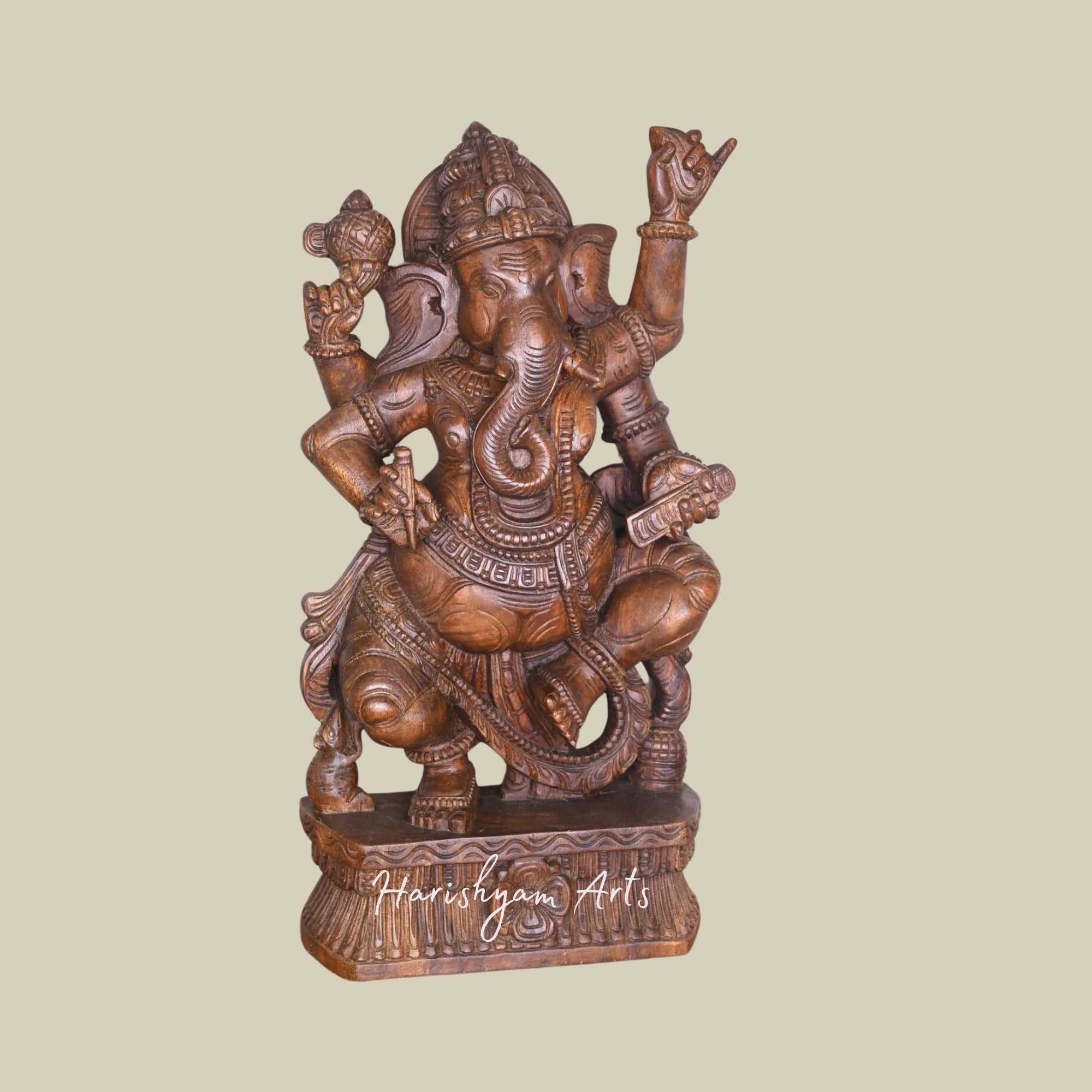 35" Dancing Wooden Ganesha Statue Holding Sacred Books, Writing Tool, and Modak – Exquisitely Detailed Sculpture4