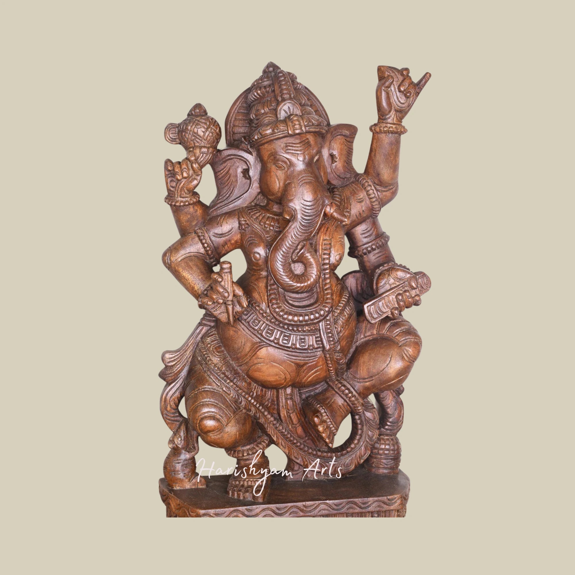 35" Dancing Wooden Ganesha Statue Holding Sacred Books, Writing Tool, and Modak – Exquisitely Detailed Sculpture5