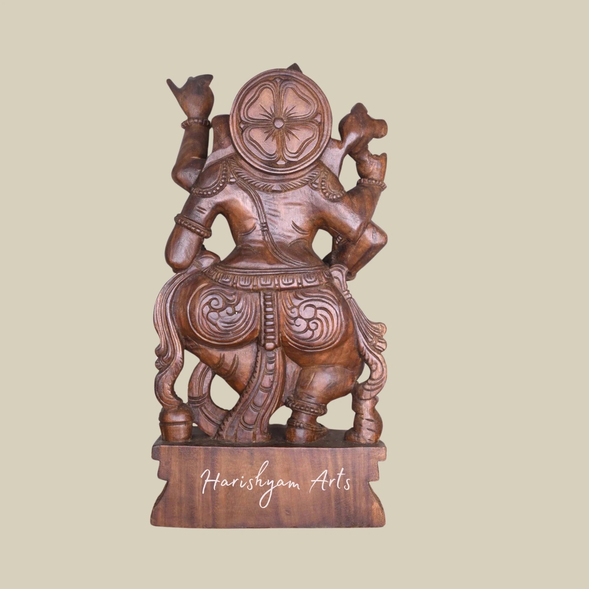 35" Dancing Wooden Ganesha Statue Holding Sacred Books, Writing Tool, and Modak – Exquisitely Detailed Sculpture7