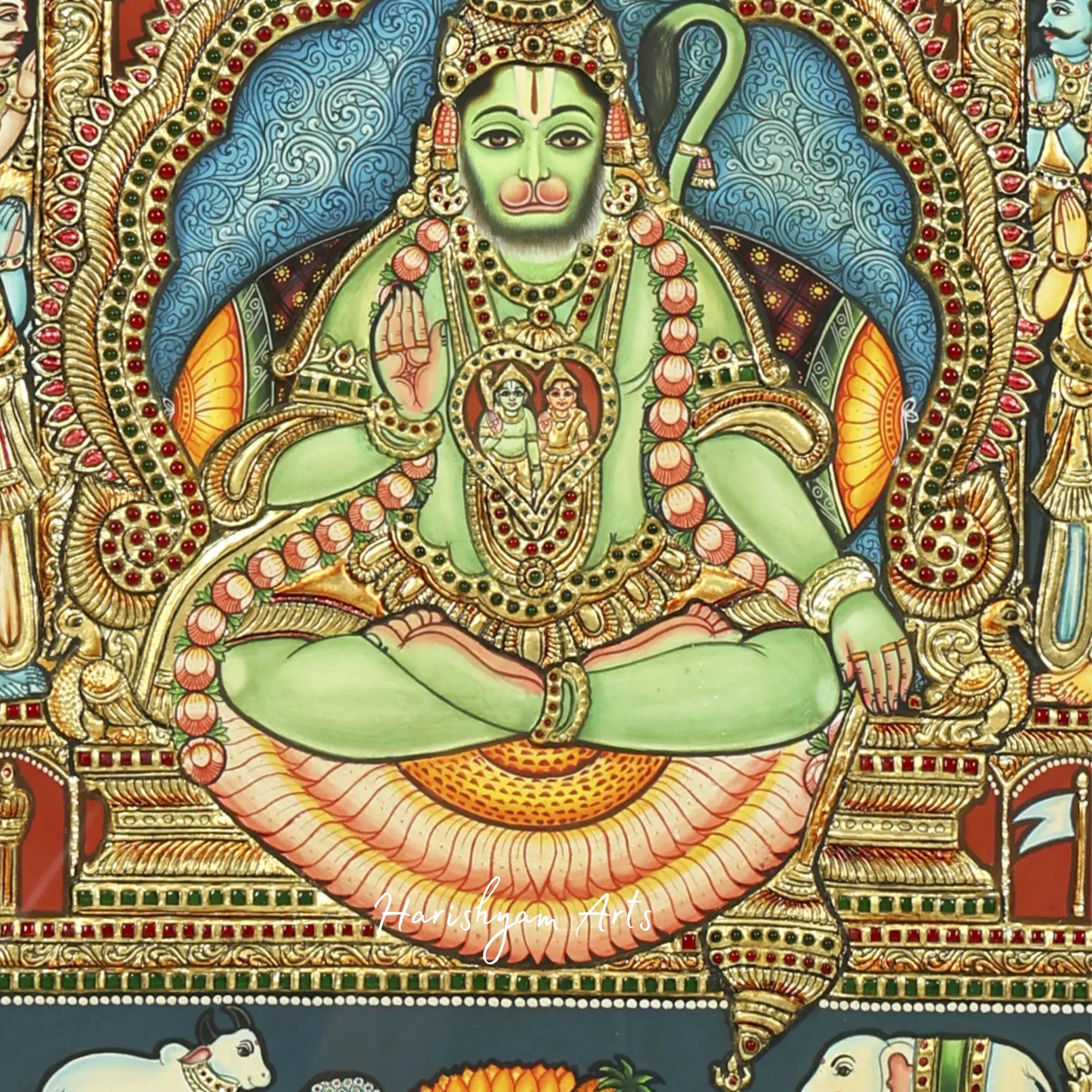 35" Lord Hanuman: An Avatar of Shiva Tanjore Painting with Traditional Gold Work