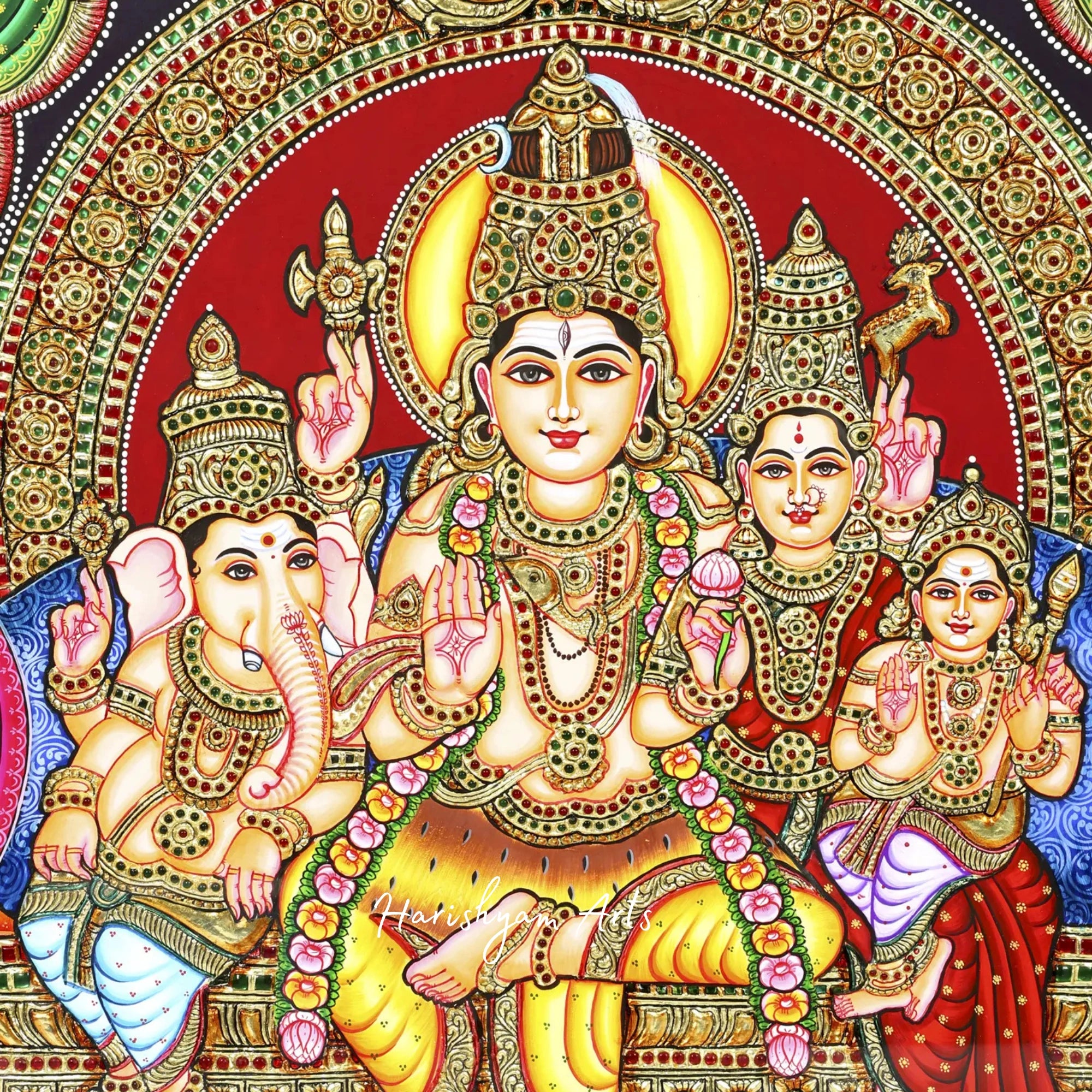 35" Lord Shiva Family Tanjore Painting with 24K Gold Work and Teakwood Frame