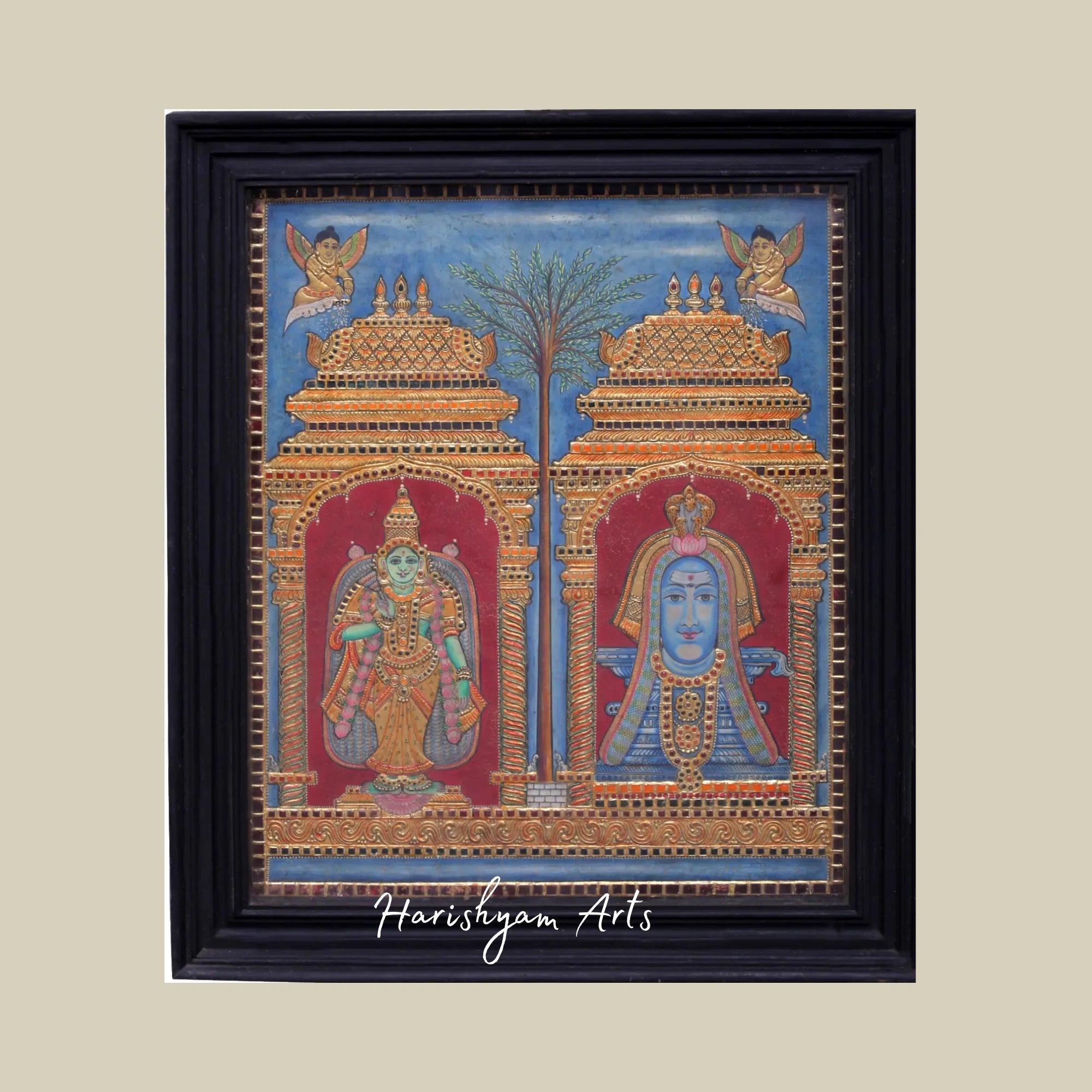 35" Majestic Lord Shiva and Devi Parvati Large Tanjore Painting with Intricate Detailing