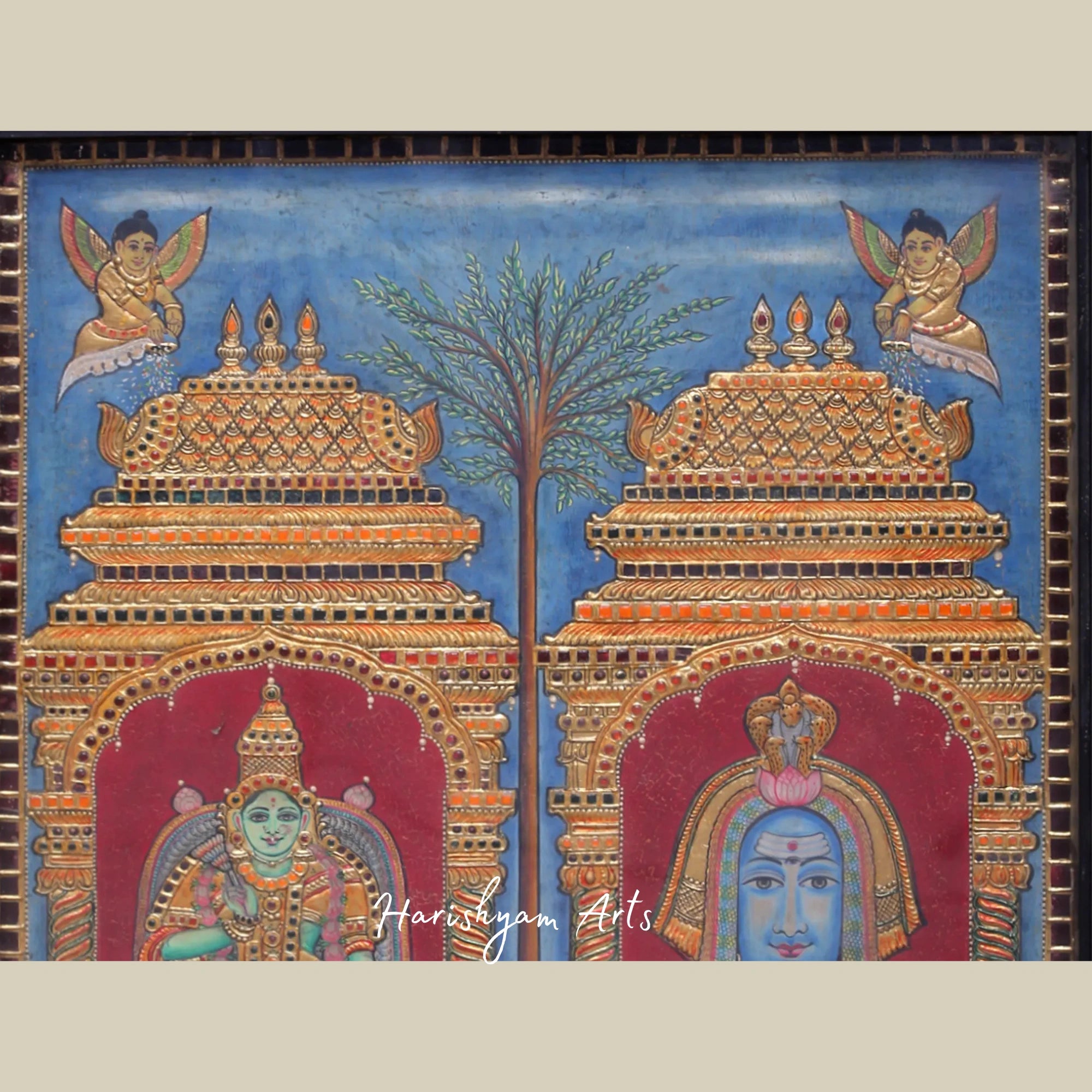 35" Majestic Lord Shiva and Devi Parvati Large Tanjore Painting with Intricate Detailing