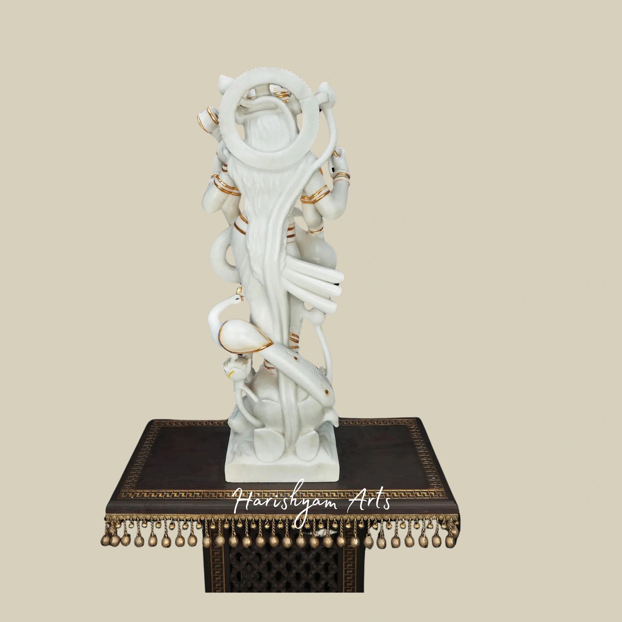 36" Antique Wooden Saraswati Statue Standing Goddess with White Marble Finish