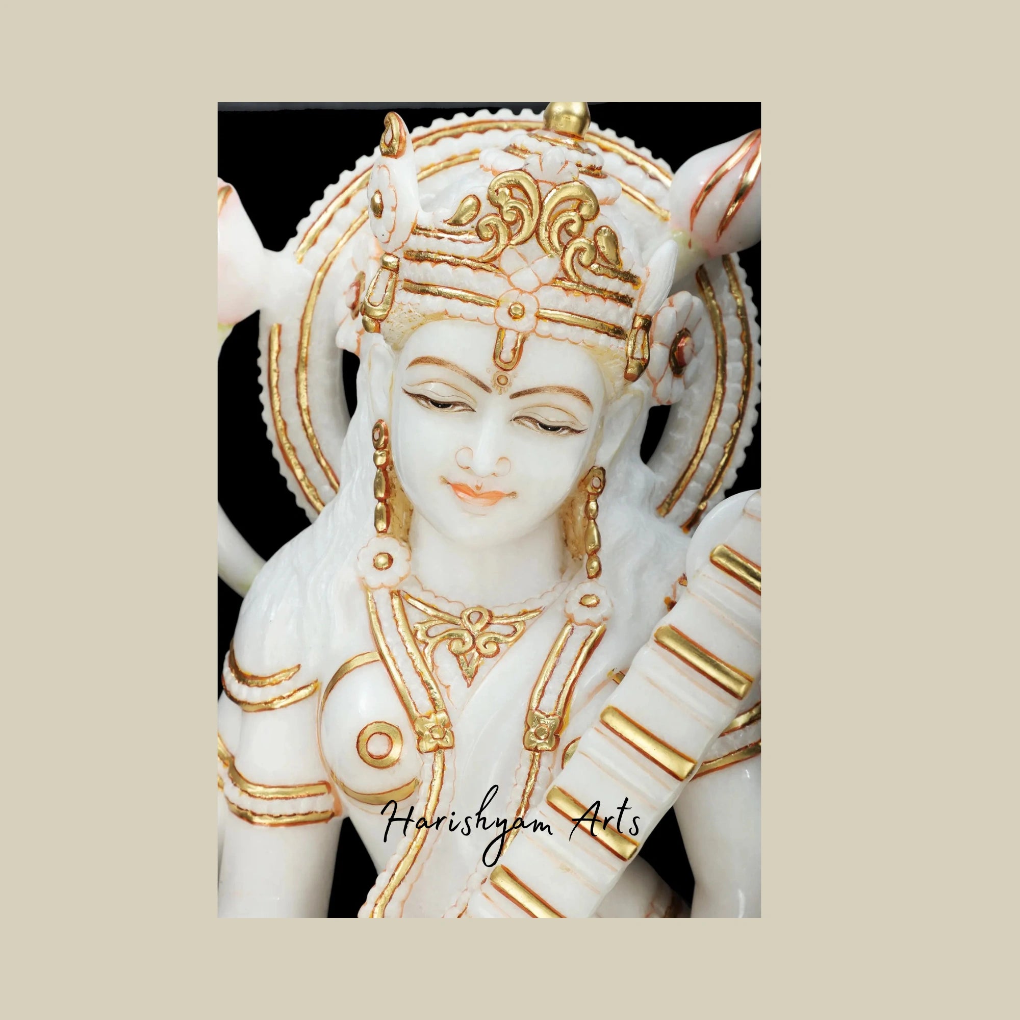 36" Antique Wooden Saraswati Statue Standing Goddess with White Marble Finish2