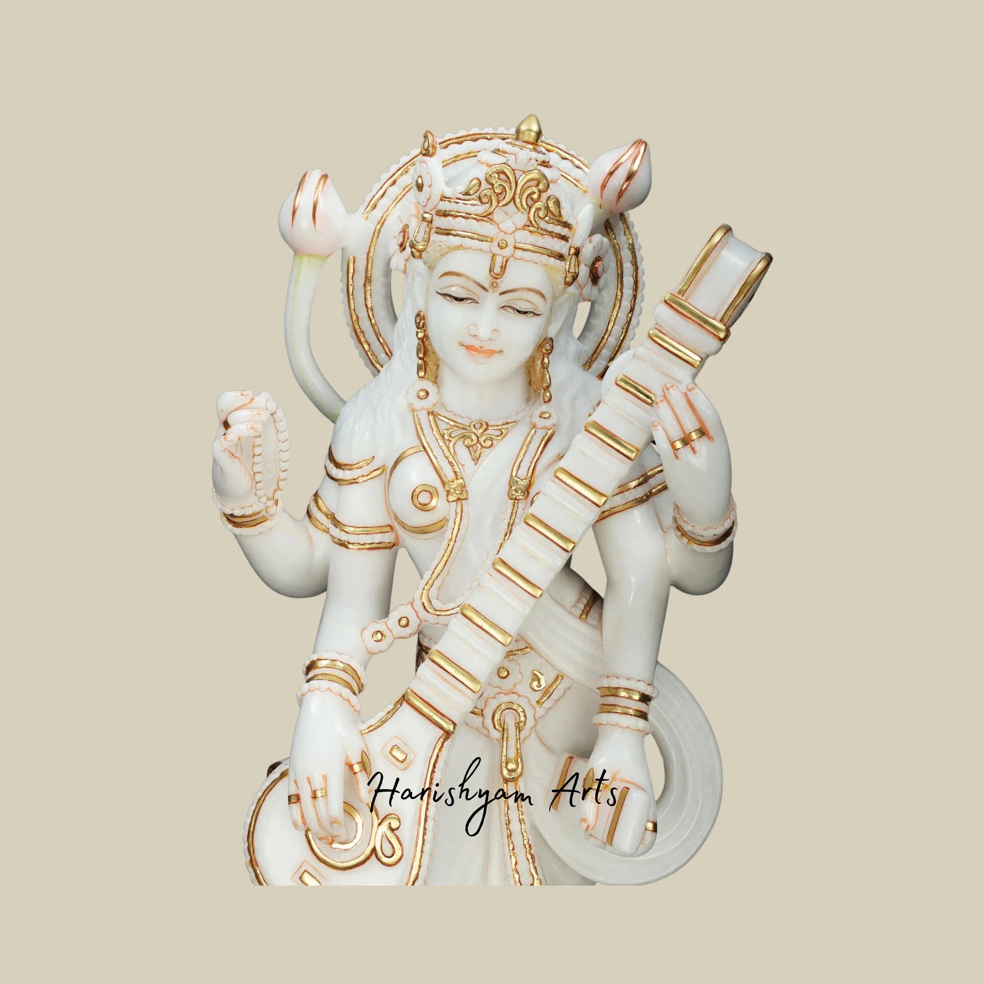 36" Antique Wooden Saraswati Statue Standing Goddess with White Marble Finish5