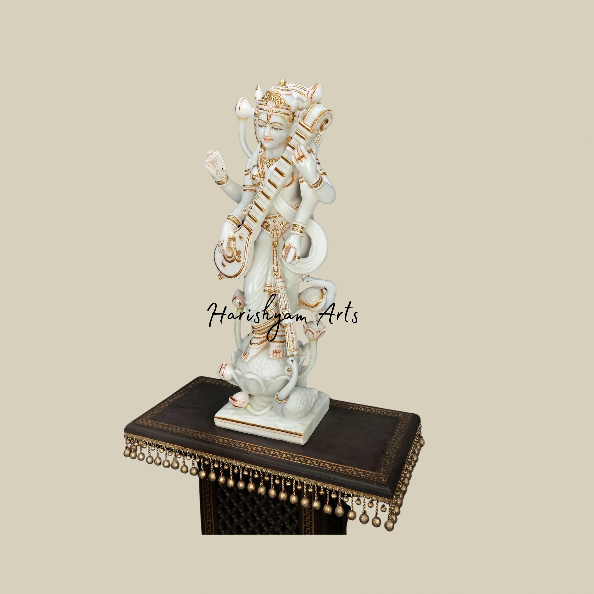 36" Antique Wooden Saraswati Statue Standing Goddess with White Marble Finish7