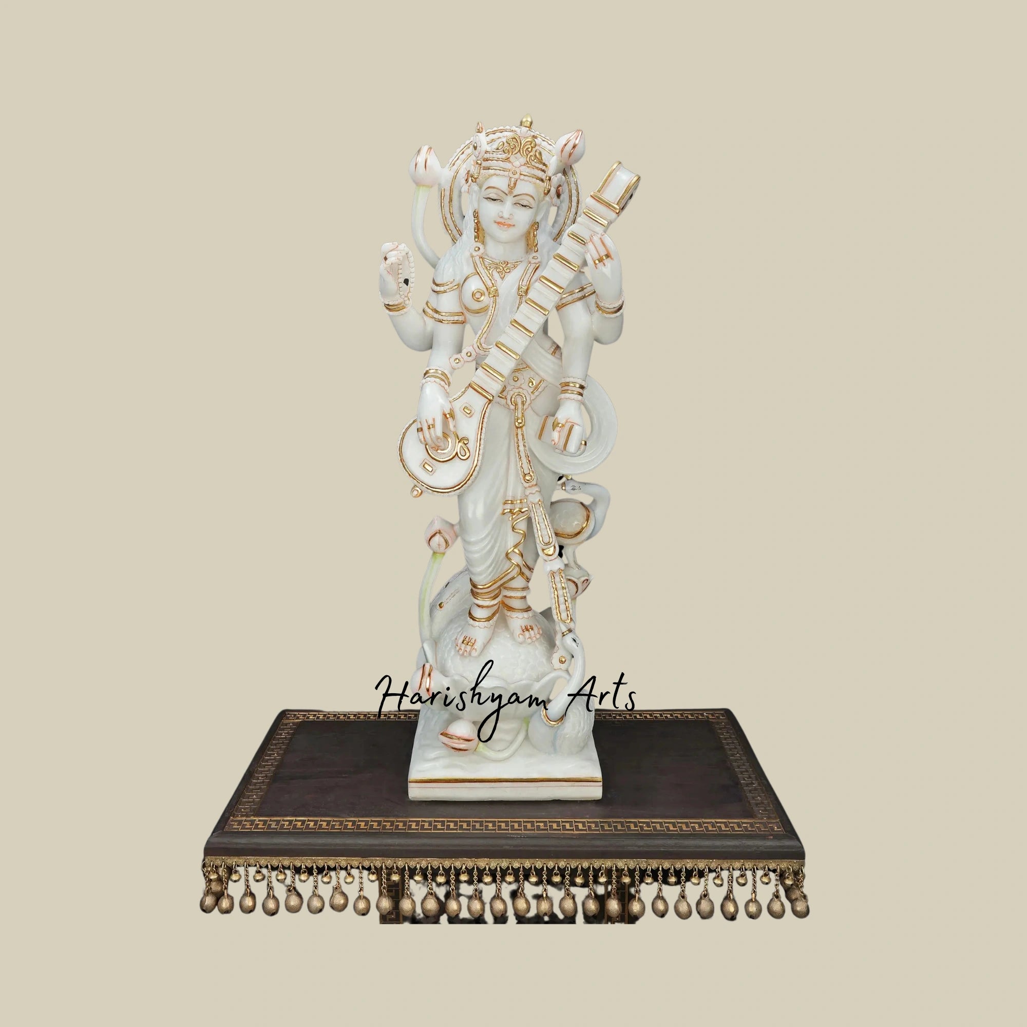 36" Antique Wooden Saraswati Statue Standing Goddess with White Marble Finish8