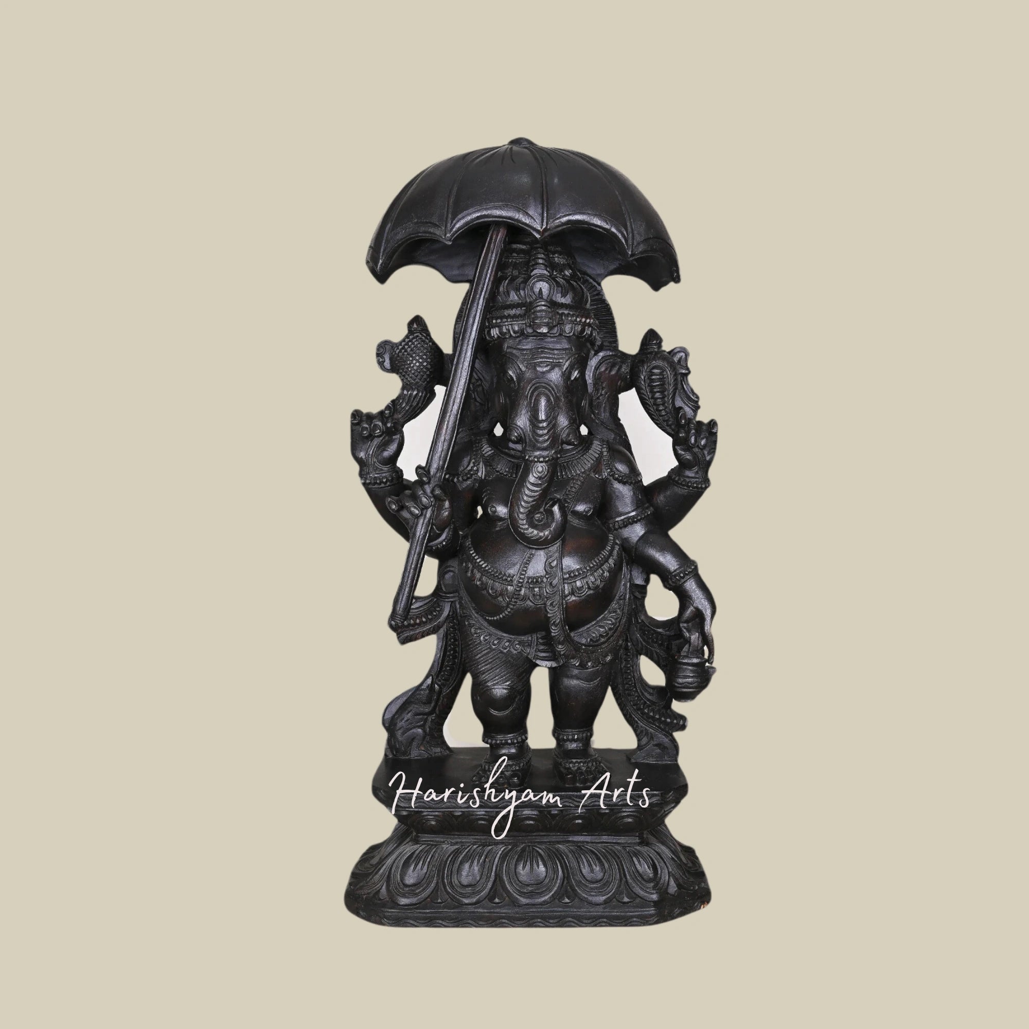 36" Carved Wooden Standing Lord Ganesha Idol with Kamandalu and Chatra