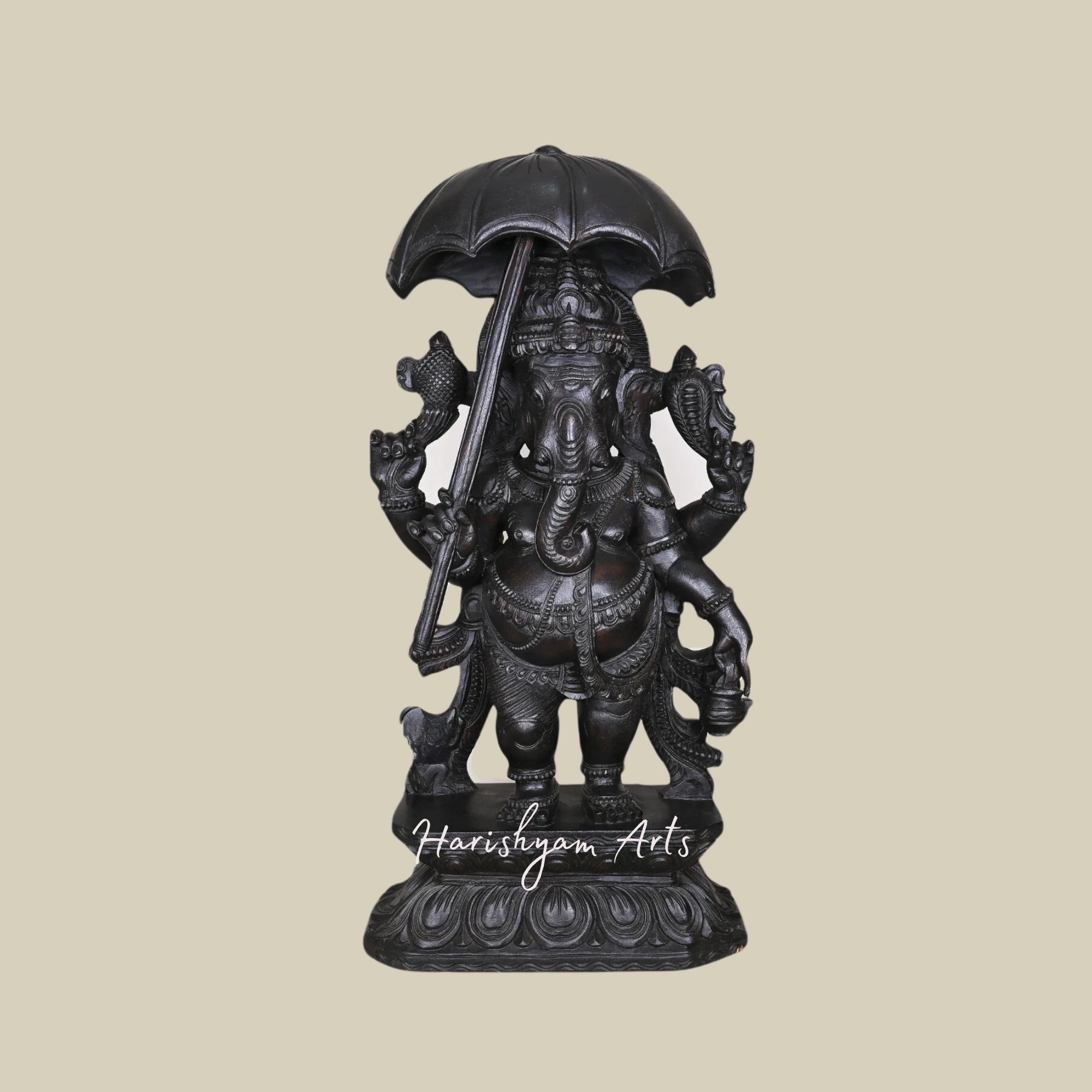 36" Carved Wooden Standing Lord Ganesha Idol with Kamandalu and Chatra1